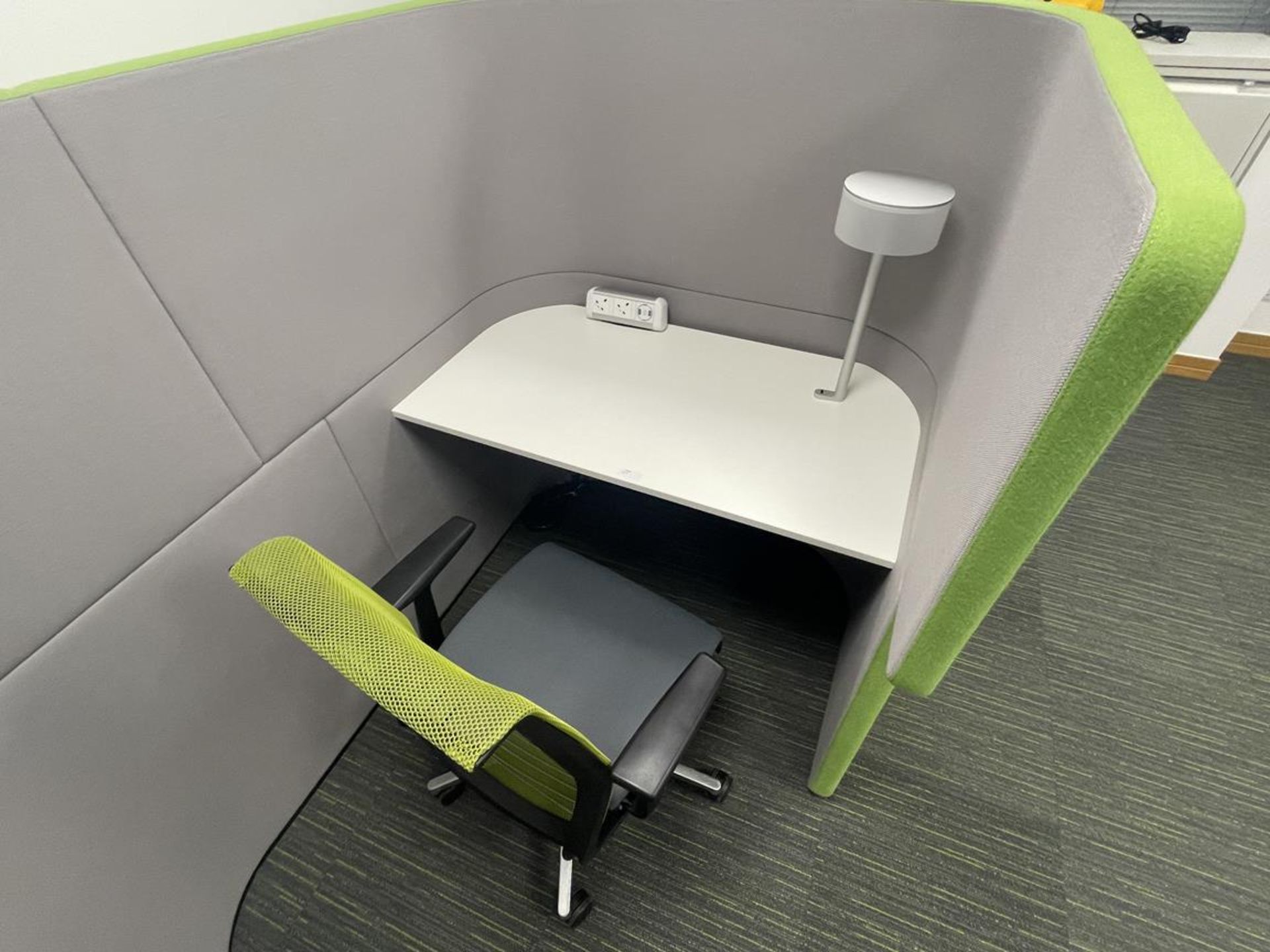 Bene Green/Grey Upholstered Privacy Desk Pod with Swivel Chair, Lamp and Desk Power (GB REF#134) - Image 3 of 3