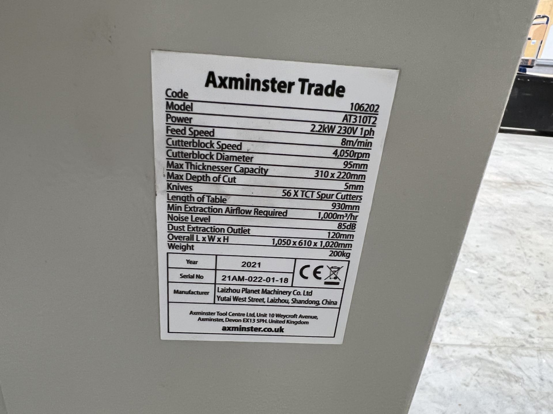 Axminster Trade, AT210T2 planner thicknesser, max. thickness capacity 310mm x 220mm, max. depth of - Image 7 of 8