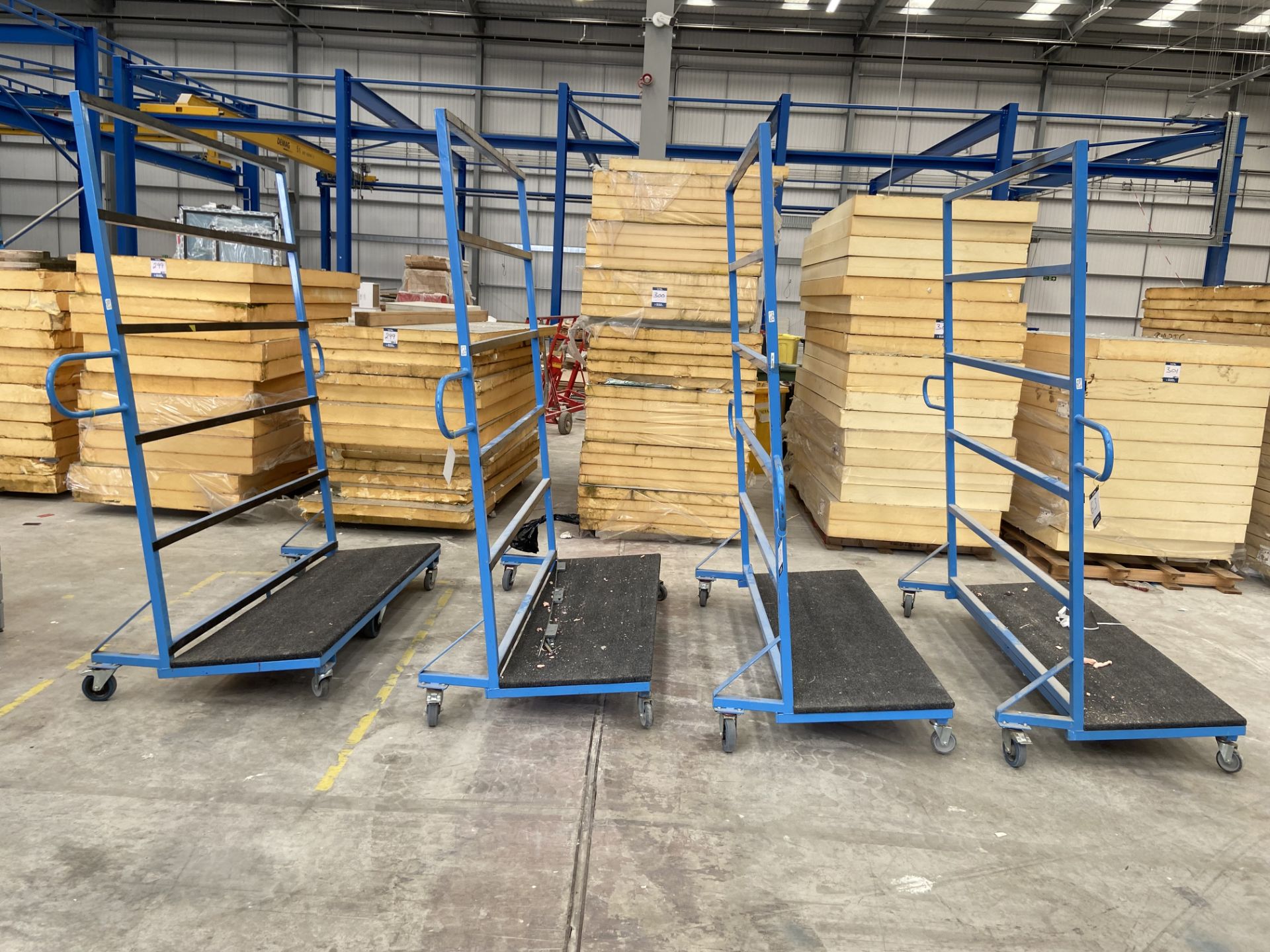 4 x Steely mobile panel rack with carpeted base SWL 500kg, previously used for glass