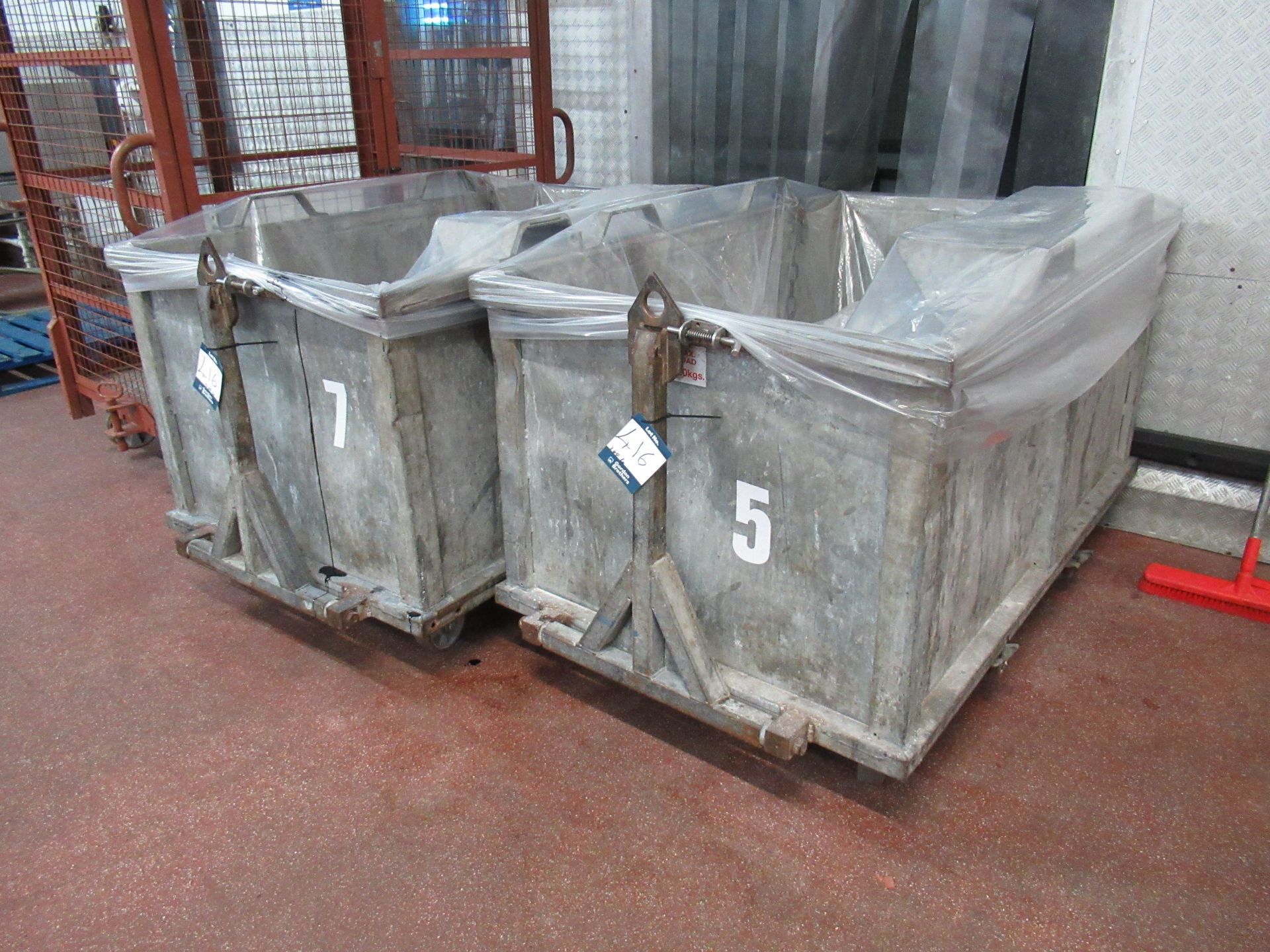 4 Galvanised mobile four wheel waste bins, 1600 x 950 x 750mm high with fold down draw bar - Image 7 of 9