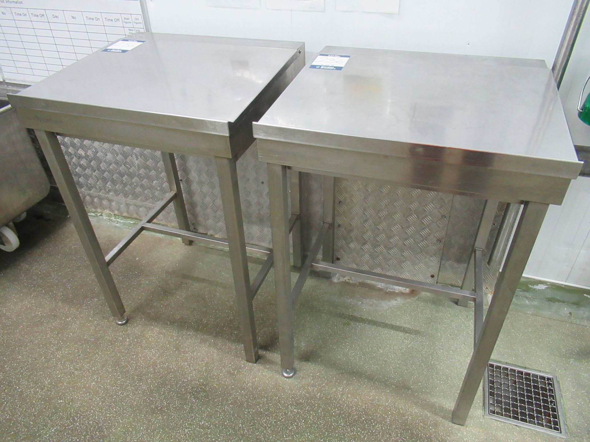 2 Stainless steel desks with lift up 700 x 640mm top, 1000mm height to top