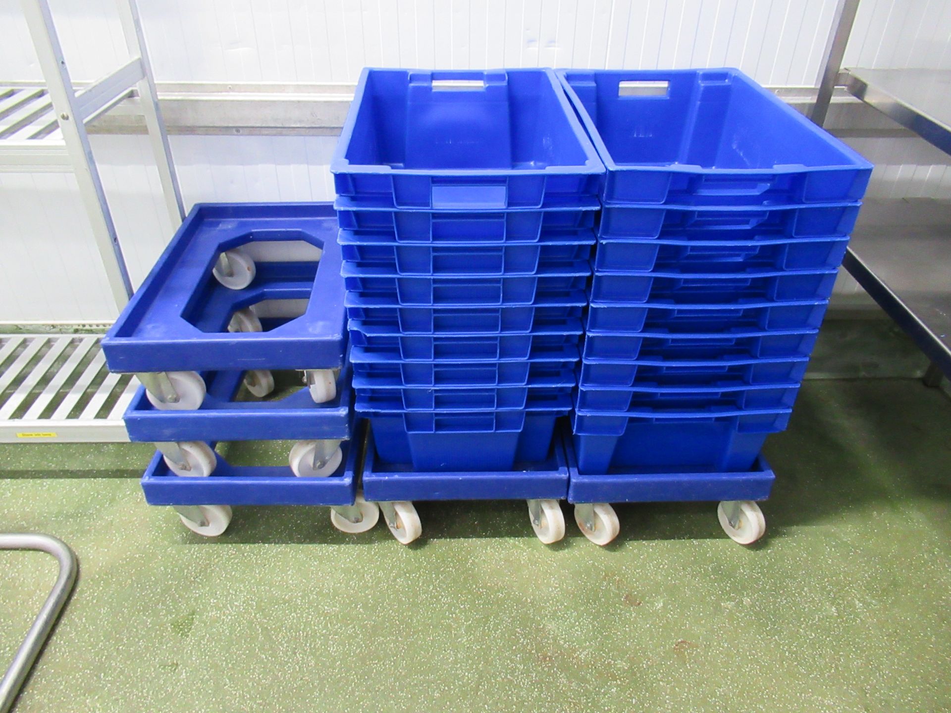 20 Blue plastic stacking boxes 600 x 400 x 200mm deep with 5 dollies