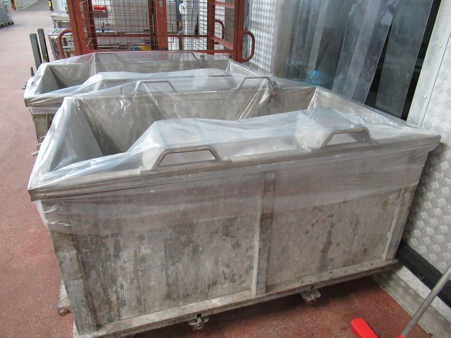 4 Galvanised mobile four wheel waste bins, 1600 x 950 x 750mm high with fold down draw bar - Image 8 of 9