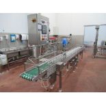 Proseal indexing chain conveyor, Serial no: 1462, 4m long x 220mm wide with adjustable tray fence