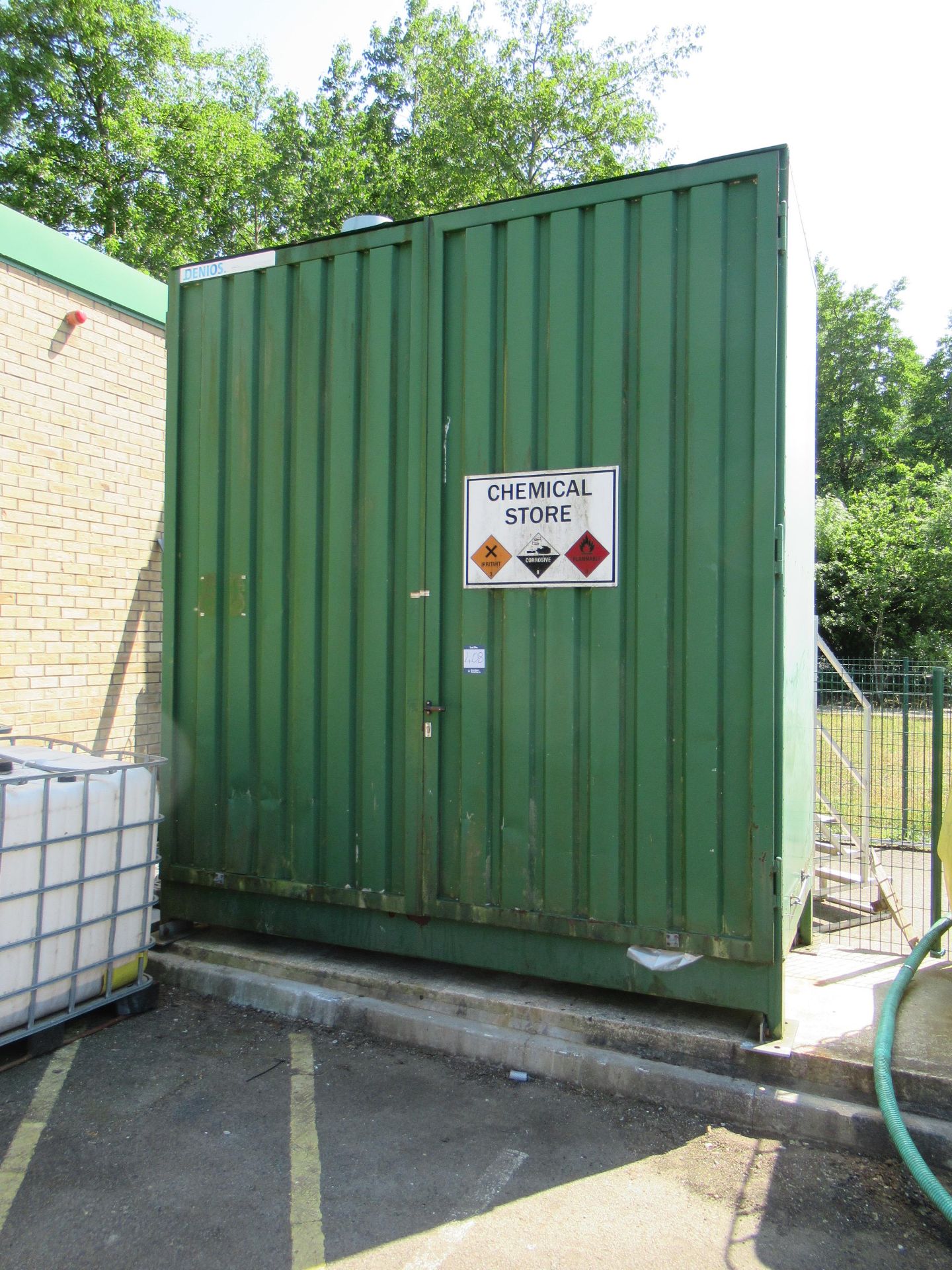 Denios steel chemical storage container external dimensions 3120mm wide x 1480mm deep x 3500mm high