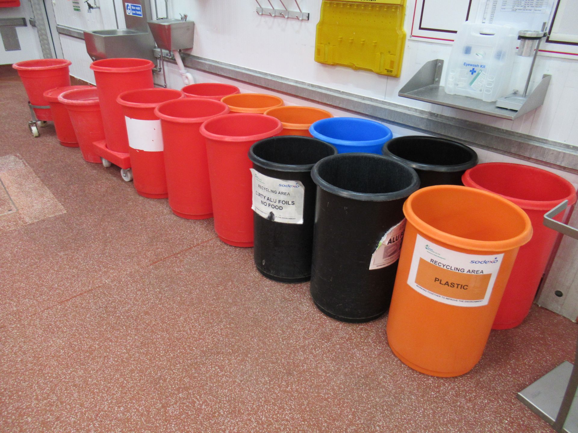 16 Assorted Plastic waste bins. 13 370mm diameter x 650mm deep, 2 400mm diameter x 500mm deep and