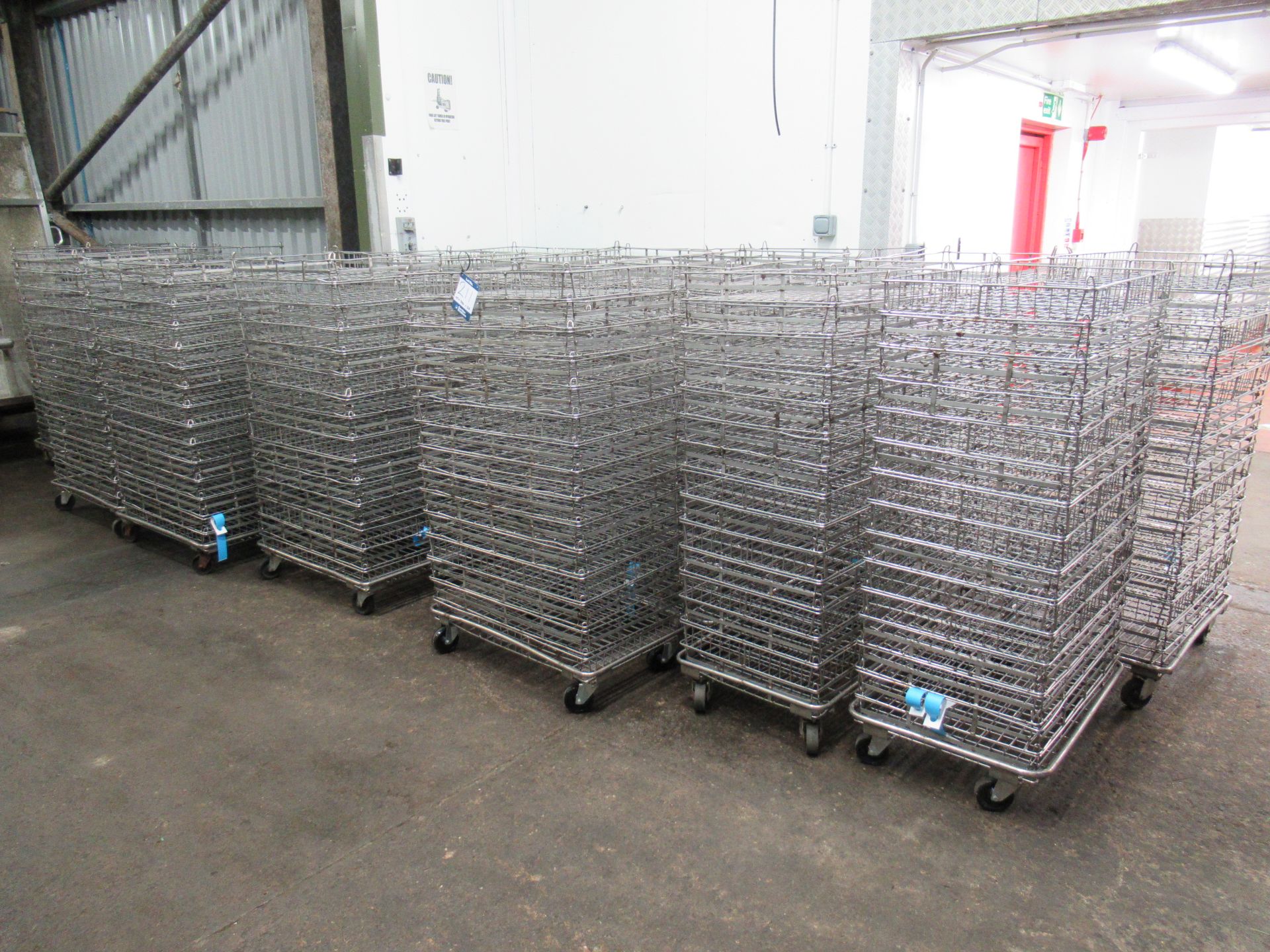 420 Stainless steel wire mesh stacking baskets, 800 x 520 x 75mm high, with 30 dollies