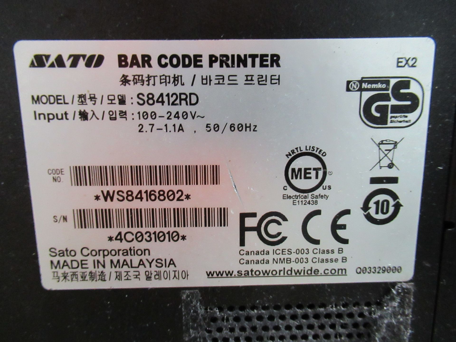 Altech Alcode TS SX label applicator. Serial no: 1004015010809 (2010) with Sato S8412RD label - Image 8 of 10