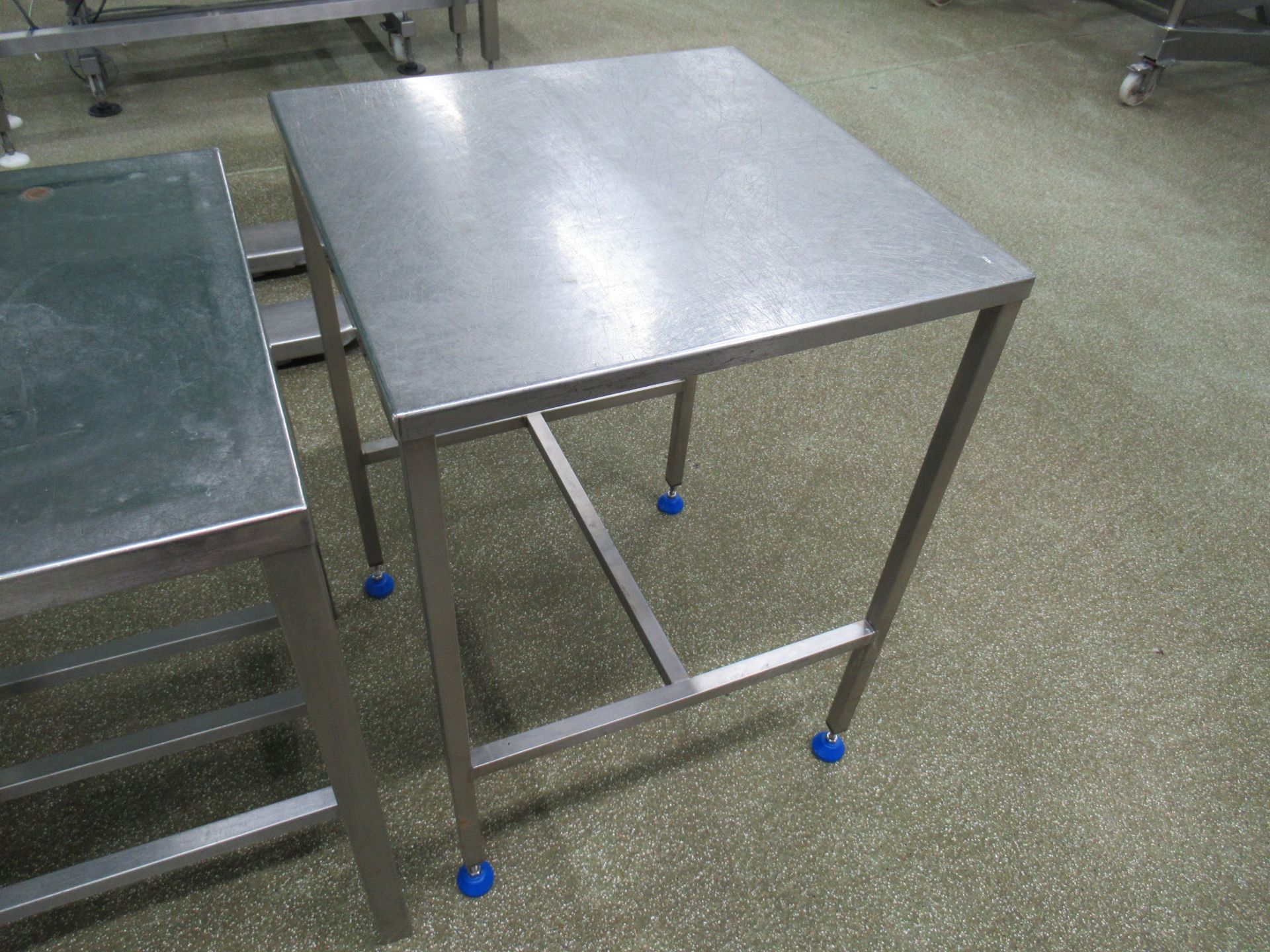 6 Stainless steel tables with 600 x 600mm work surfaces, two with upstands and angled front - Image 7 of 8