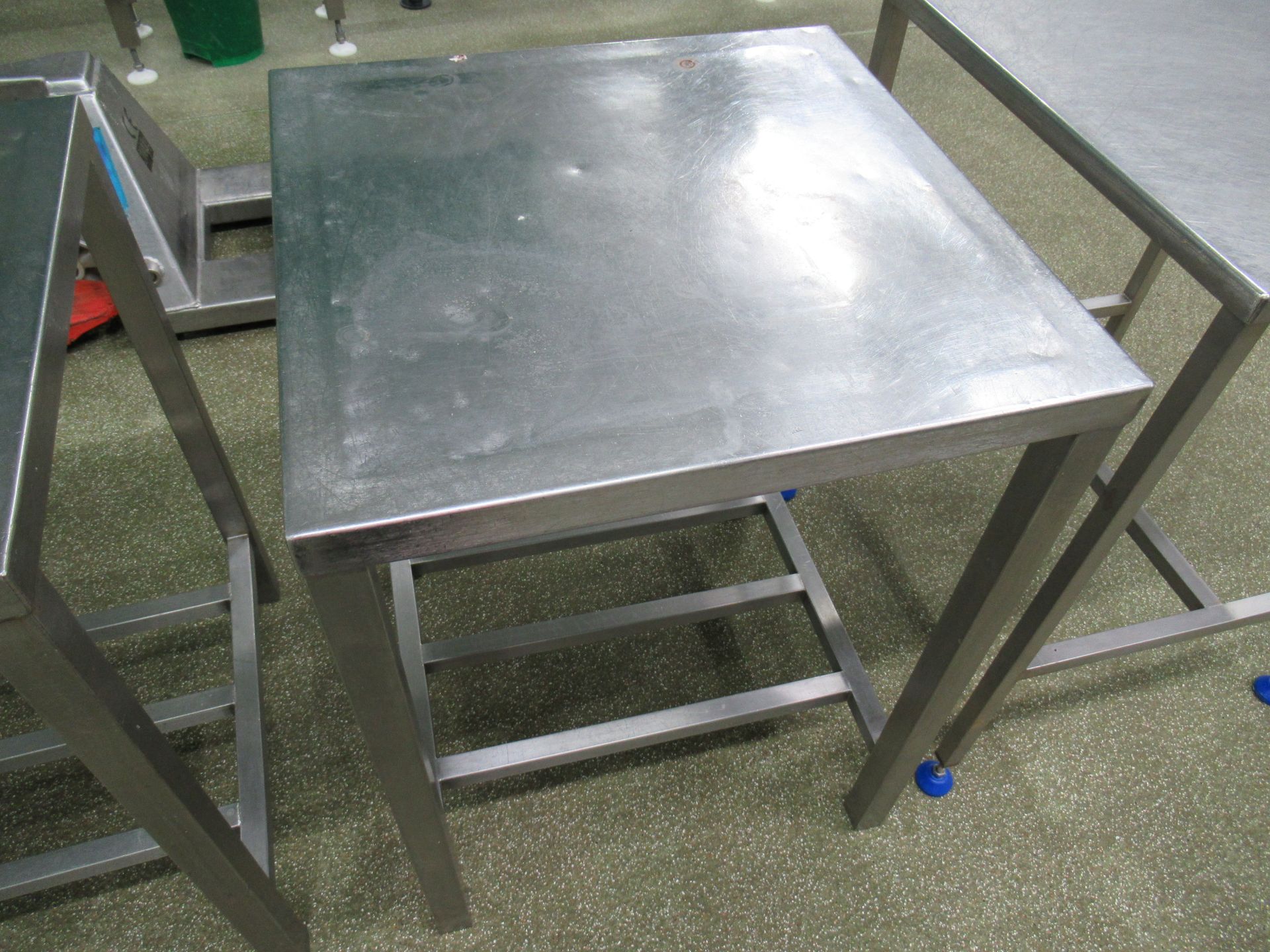 6 Stainless steel tables with 600 x 600mm work surfaces, two with upstands and angled front - Image 6 of 8