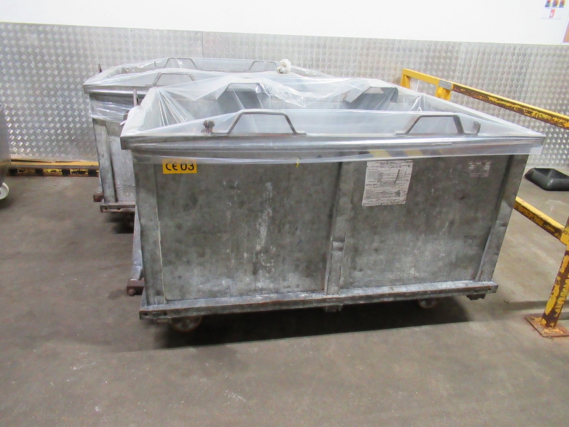 3 Galvanised mobile four wheel waste bins, 1600 x 950 x 750mm high with fold down draw bar - Image 2 of 7