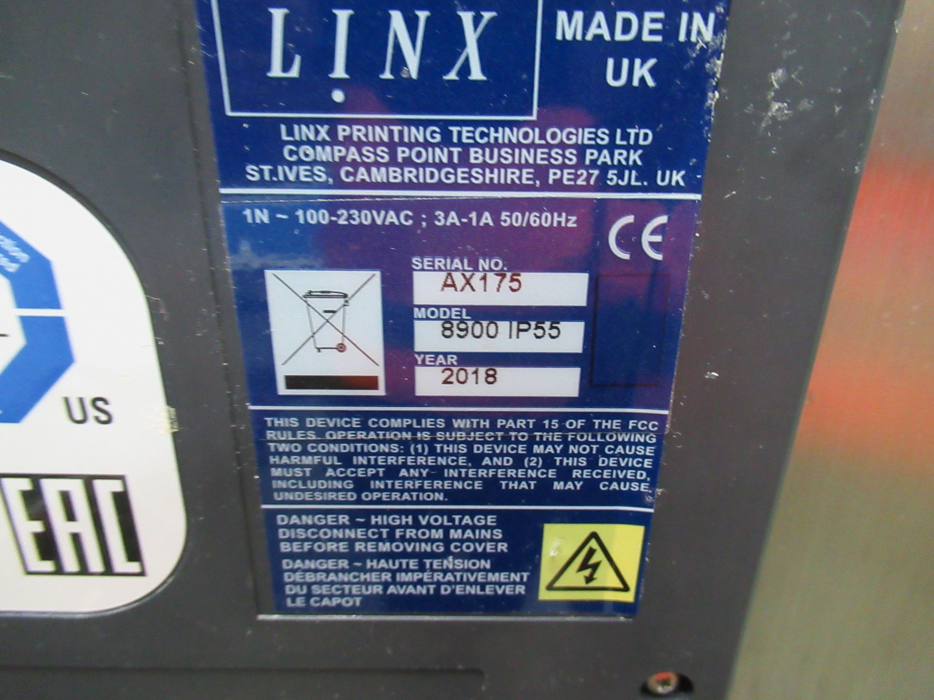 Linx 8900 IP55 inkjet coder. Serial no: AX175 (2018) mounted on mobile base (Part of All Inclusive - Image 8 of 9