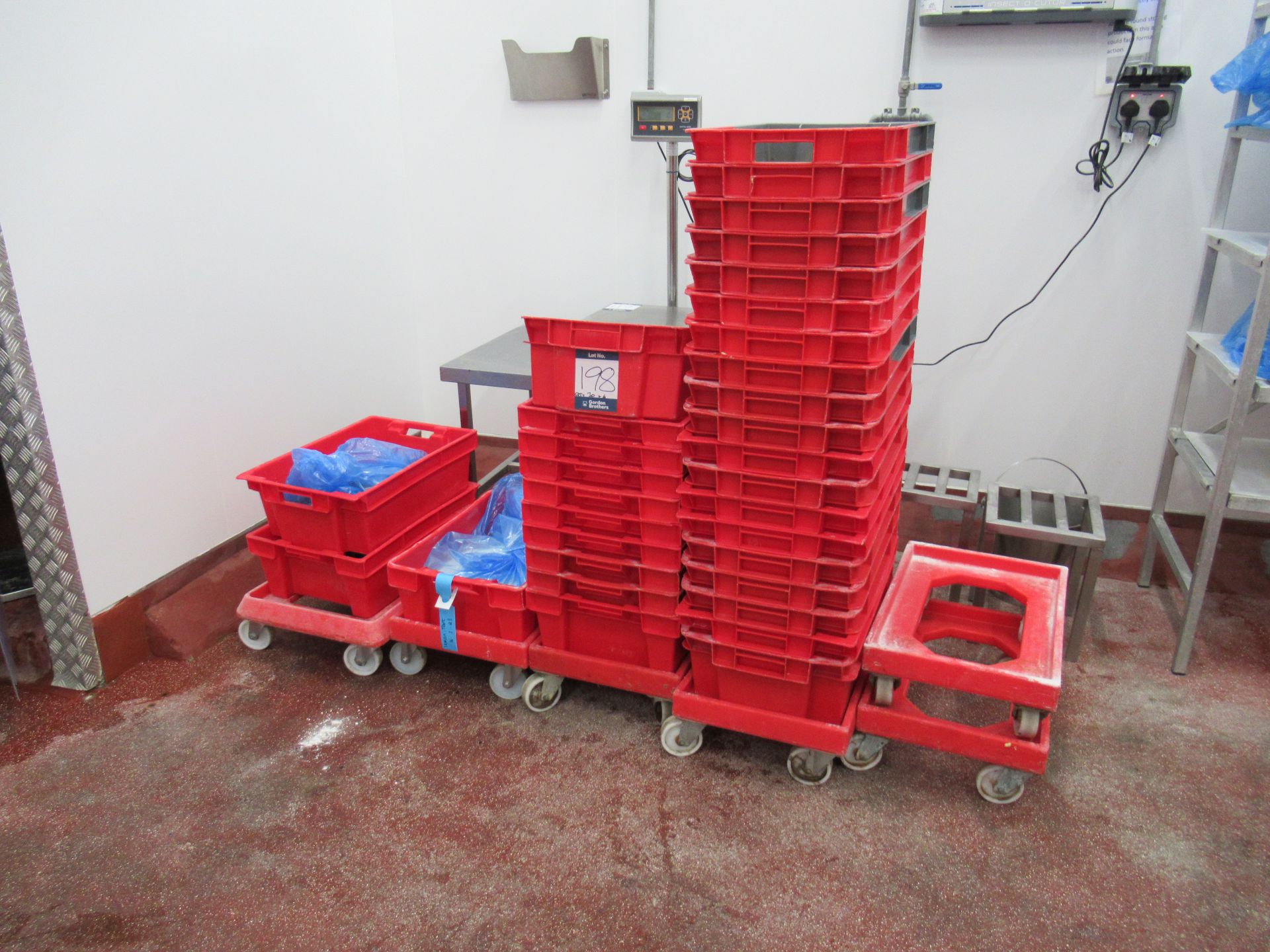 30 Red plastic stacking boxes 600 x 400 x 200mm deep with 6 dollies