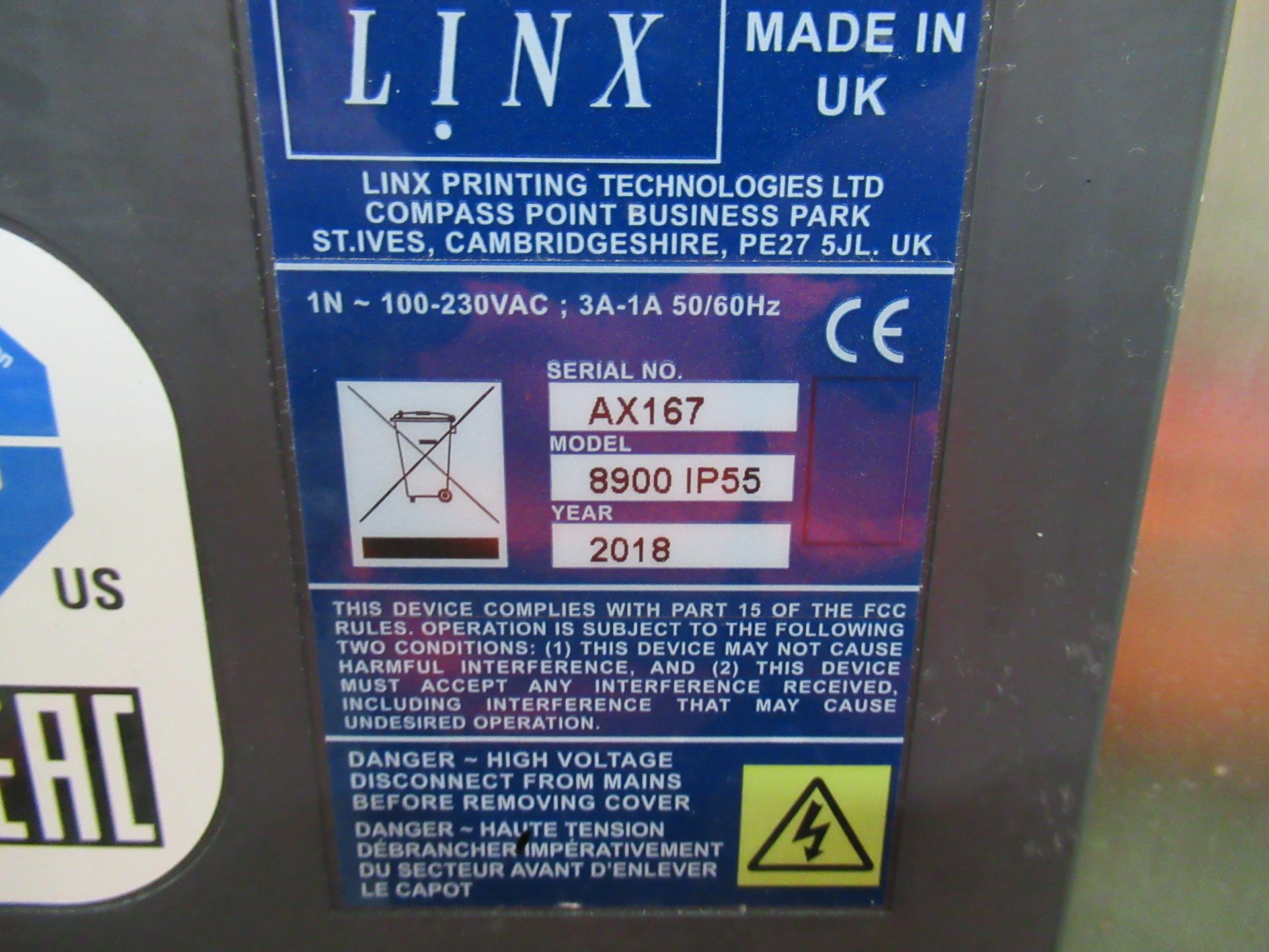 Linx 8900 Ip55 inkjet coder. Serial no: AX167 (2018) mounted on mobile base (Part of All Inclusive - Image 9 of 10