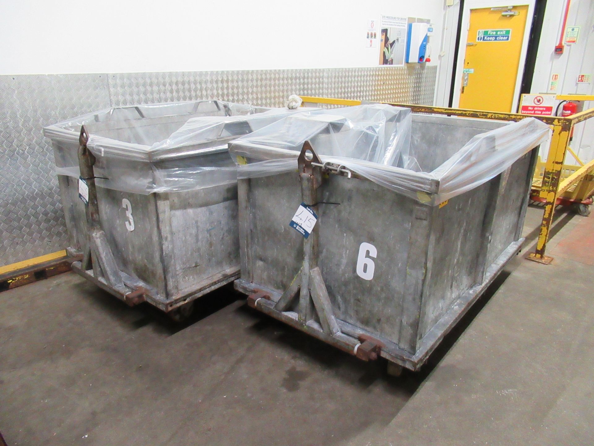 3 Galvanised mobile four wheel waste bins, 1600 x 950 x 750mm high with fold down draw bar