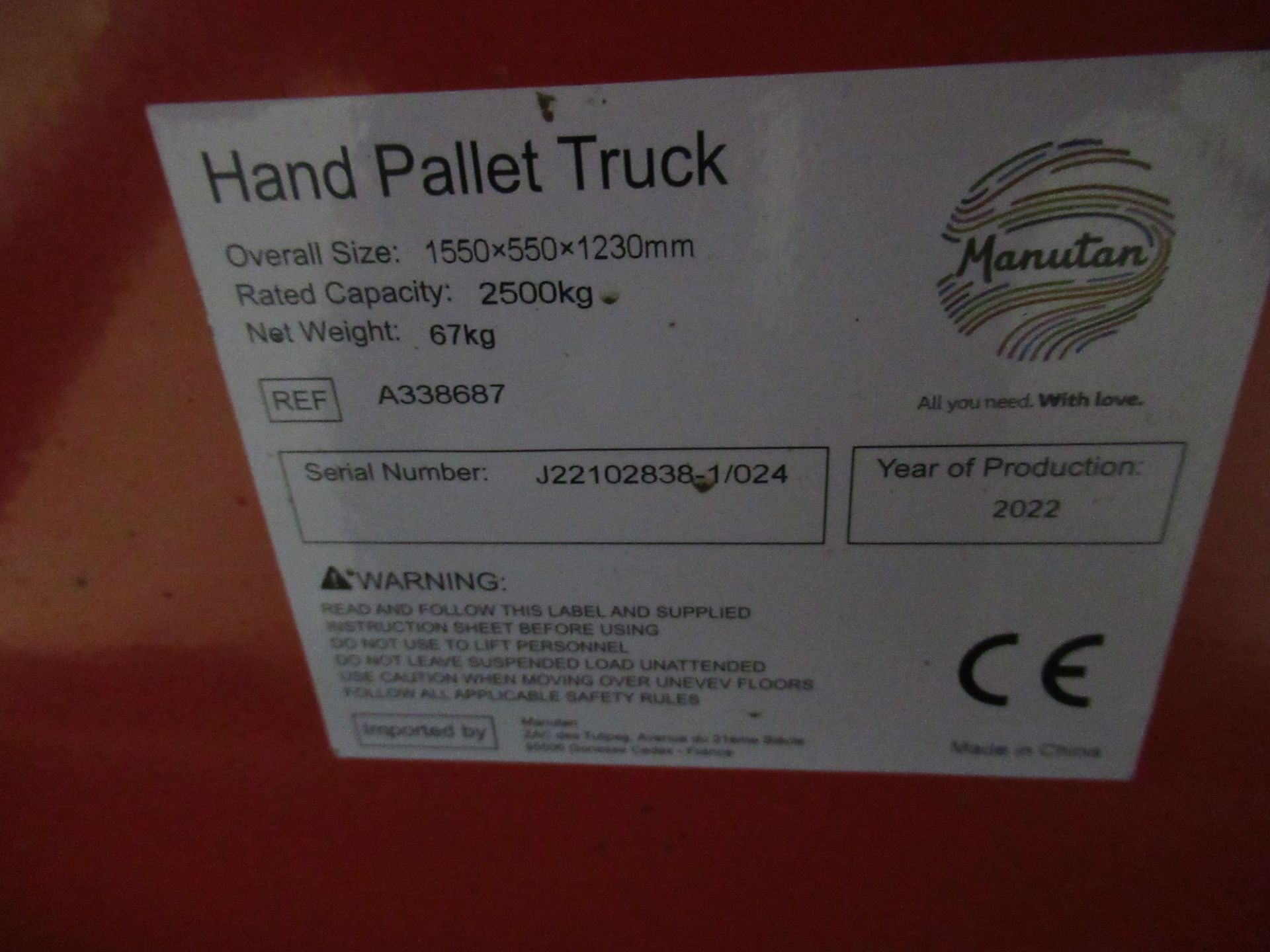 Manutan pallet truck 2500kg capacity serial no:J22102838-1/024 (2022) - Image 2 of 4