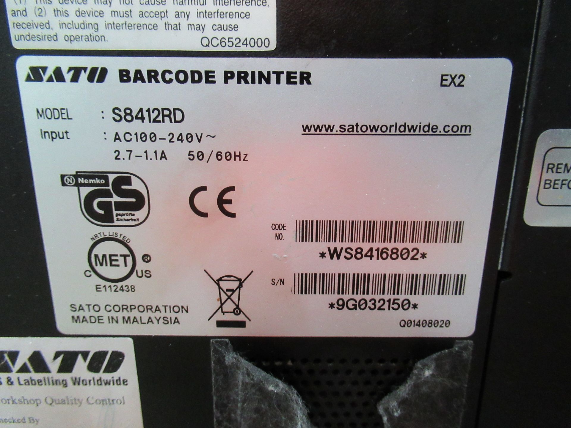 Altech Alcode label applicator with Sato S8412RD label printer Serial no: 9G032150 mounted on - Image 9 of 12