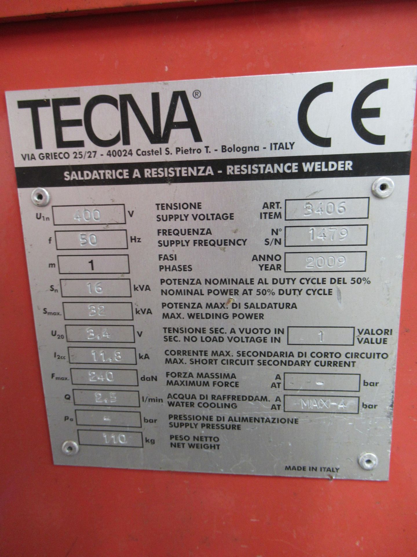 Tecna TE25 spot welder Serial no:1479 (2009) with water cooler NB: not in use – suitable for - Image 4 of 7