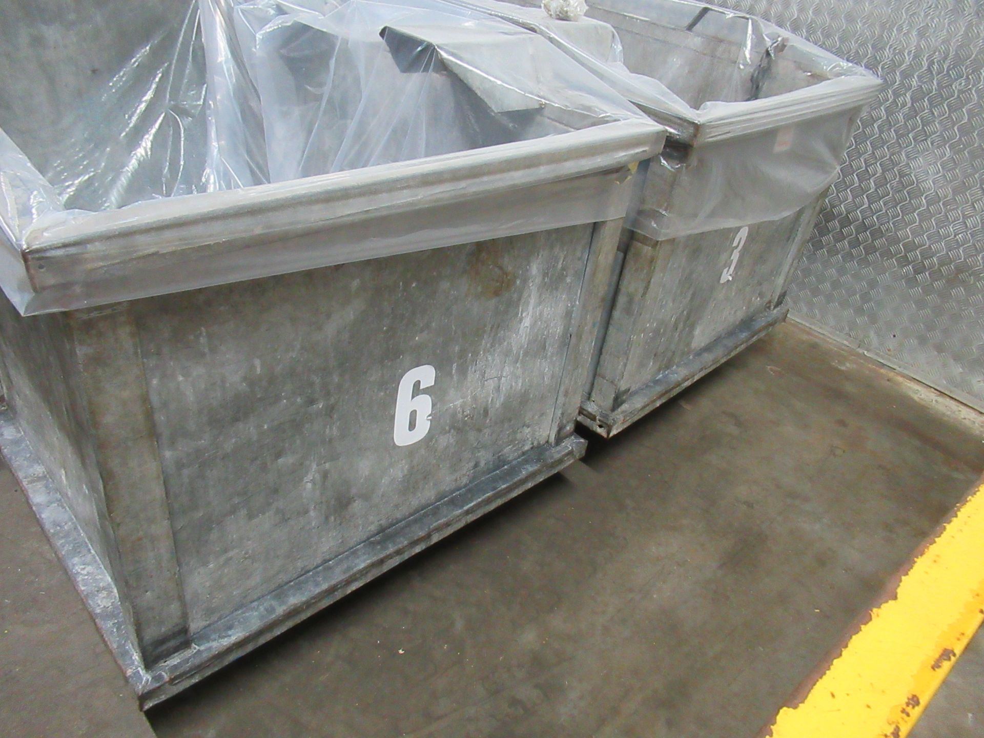 3 Galvanised mobile four wheel waste bins, 1600 x 950 x 750mm high with fold down draw bar - Image 3 of 7