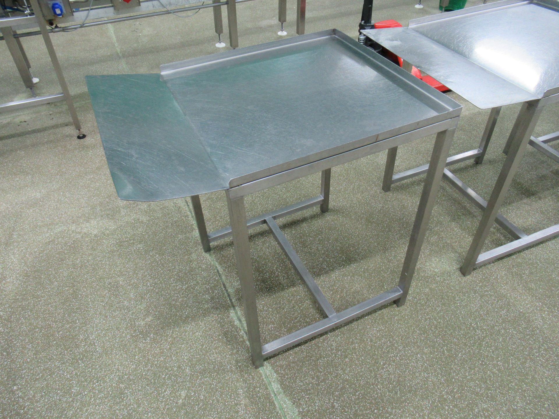 6 Stainless steel tables with 600 x 600mm work surfaces, two with upstands and angled front - Image 2 of 8