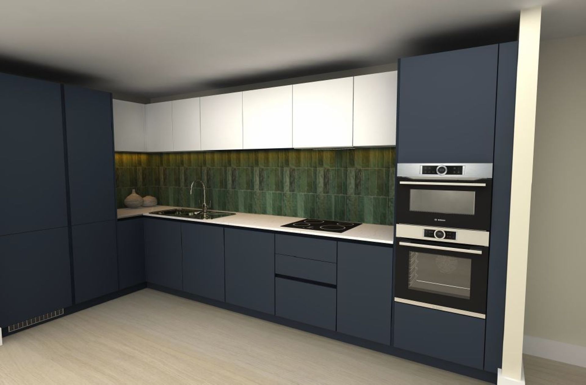 New/Unused Hatt kitchen comprising: Lacquered melamine flat panel doors in Egger Indigo Blue perfect