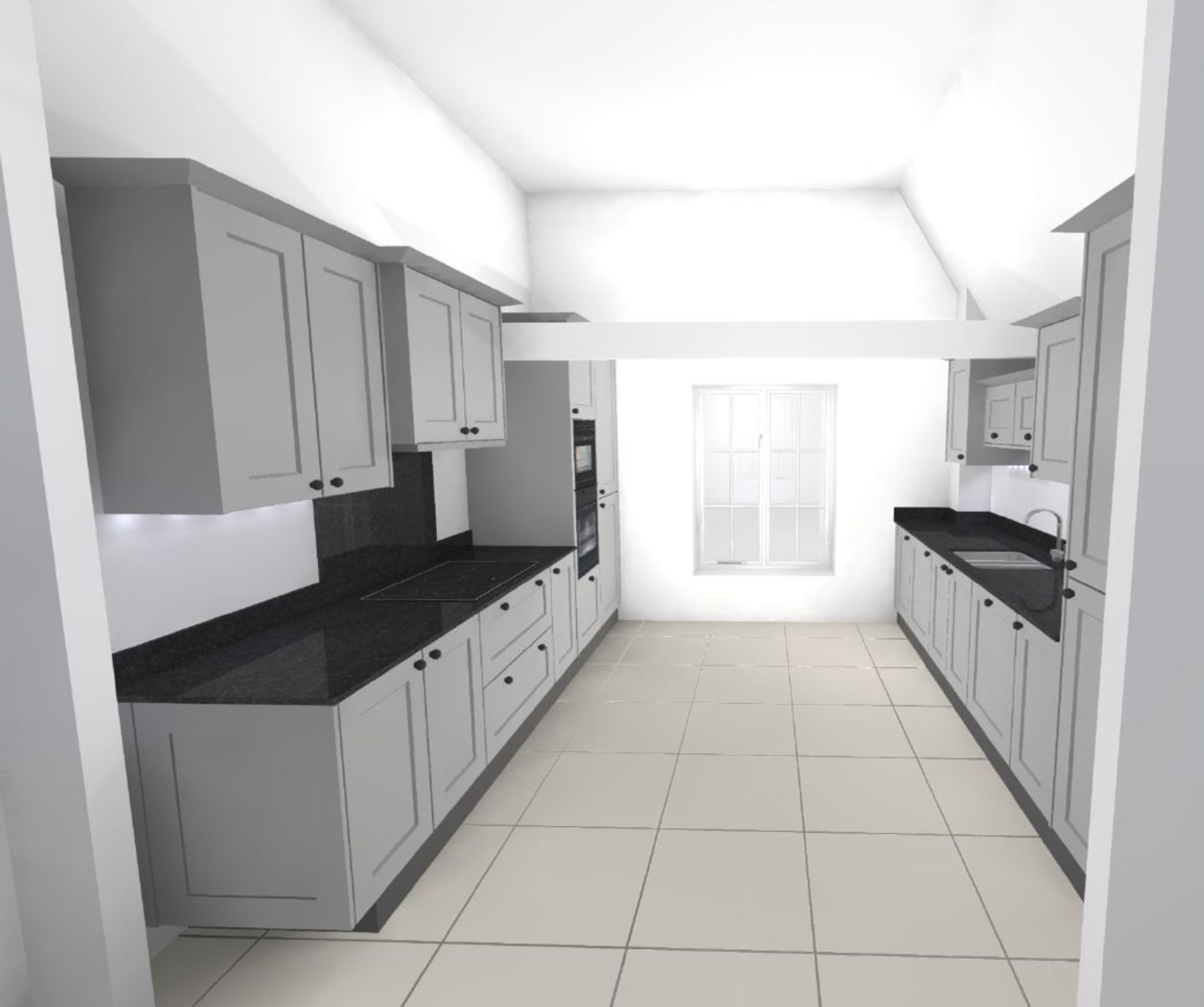 New/Unused Hatt kitchen comprising: Matt dove grey vinyl wrapped single piece shaker style doors,