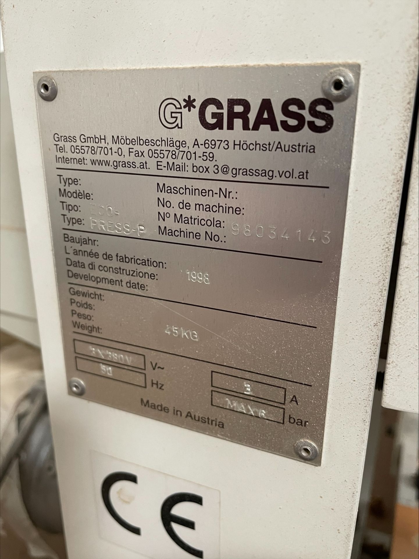 G*Grass Eco-Press P Bench mounted hinge boring & insertion machine, Serial No. 98034143 (1998) - Image 3 of 3