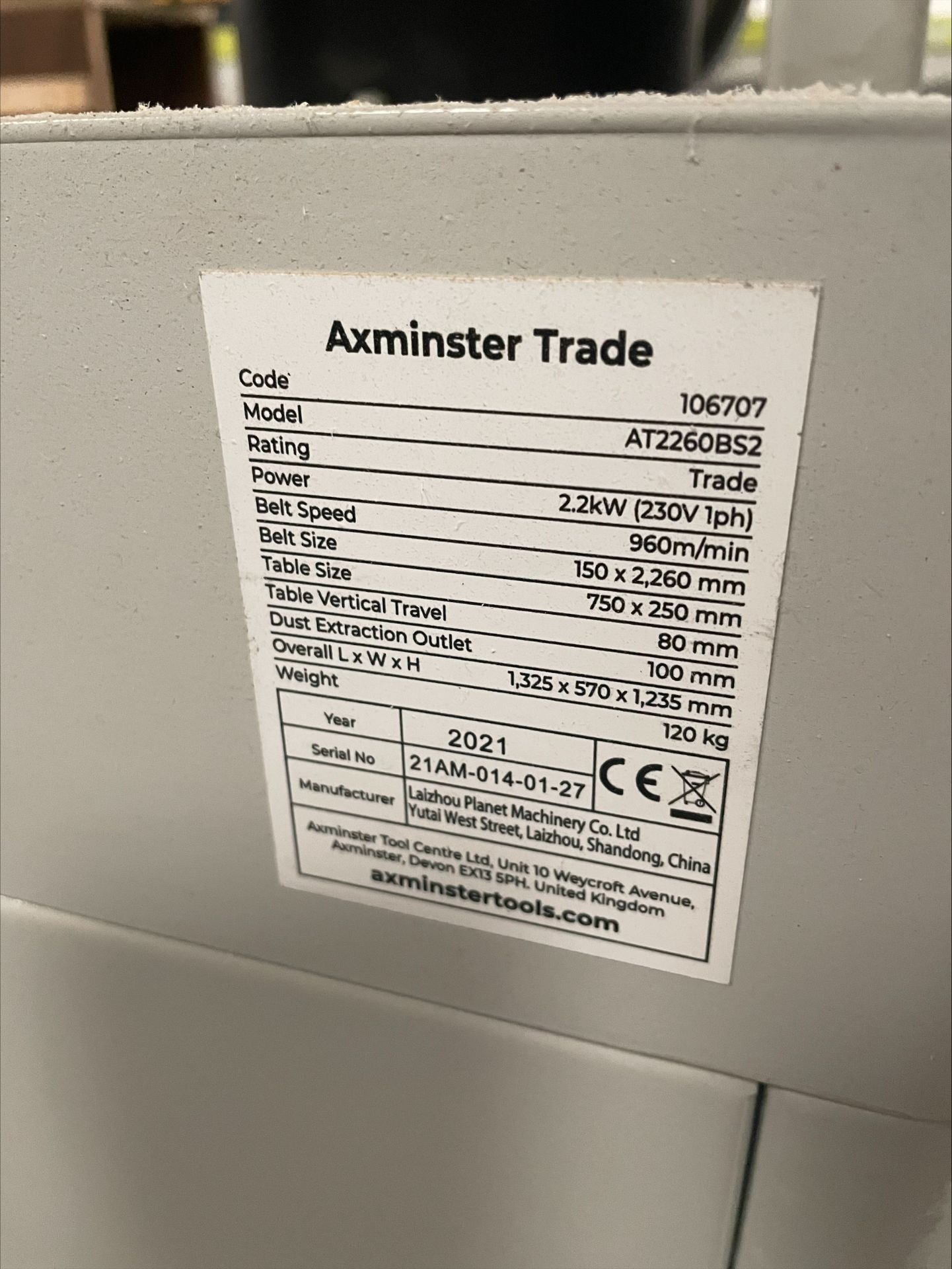 Axminster Trade AT2260BS2 Horizontal belt sander, Serial No. 21AM-014-01-27 (2021) - Image 3 of 3