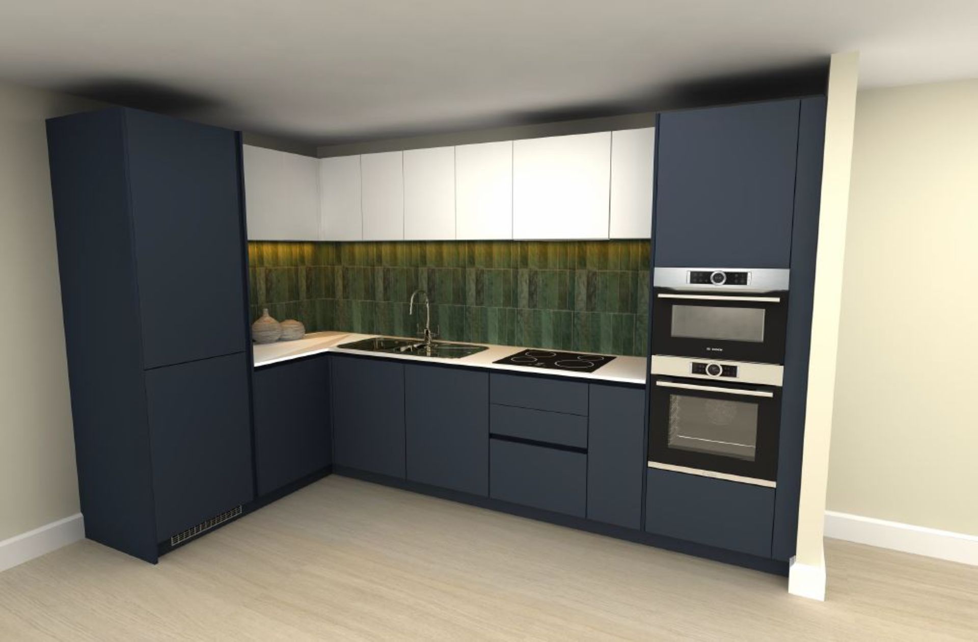 New/Unused Hatt kitchen comprising: Lacquered melamine flat panel doors in Egger Indigo Blue perfect