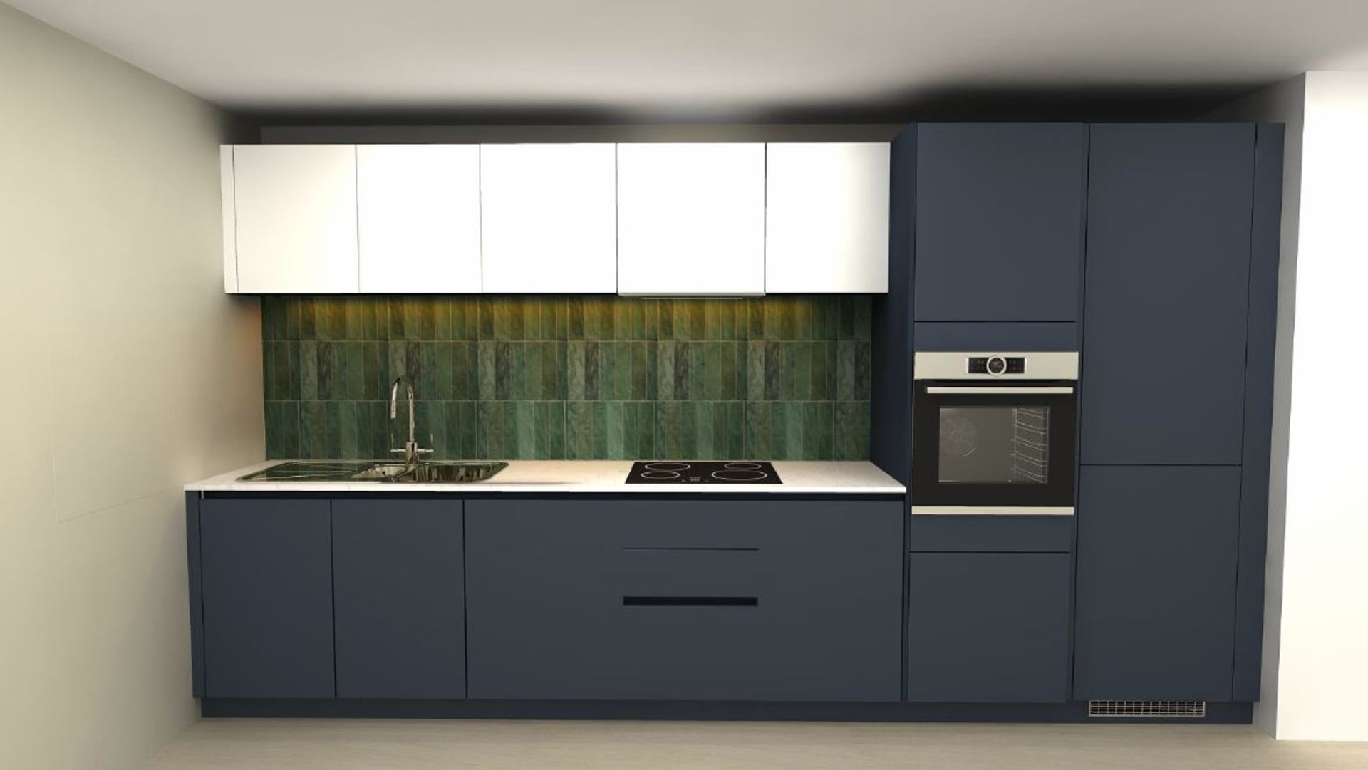 New/Unused Hatt kitchen comprising: Lacquered melamine flat panel doors in Egger Indigo Blue perfect