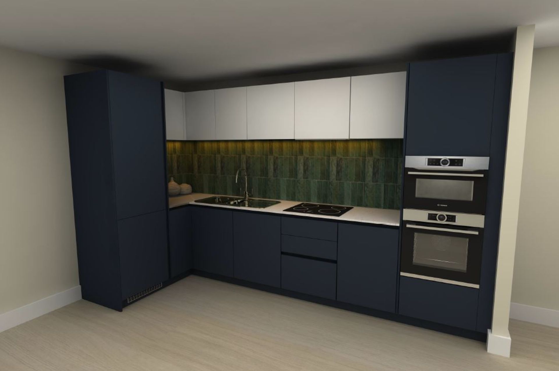 New/Unused Hatt kitchen comprising: Lacquered melamine flat panel doors in Egger Indigo Blue perfect