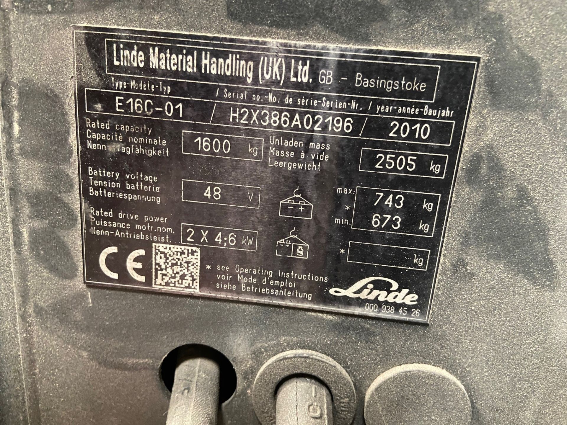 Linde E160-01 Electrical counter balance forklift truck, Serial No. H2X386 AO2196 (2010), hours: - Image 7 of 10