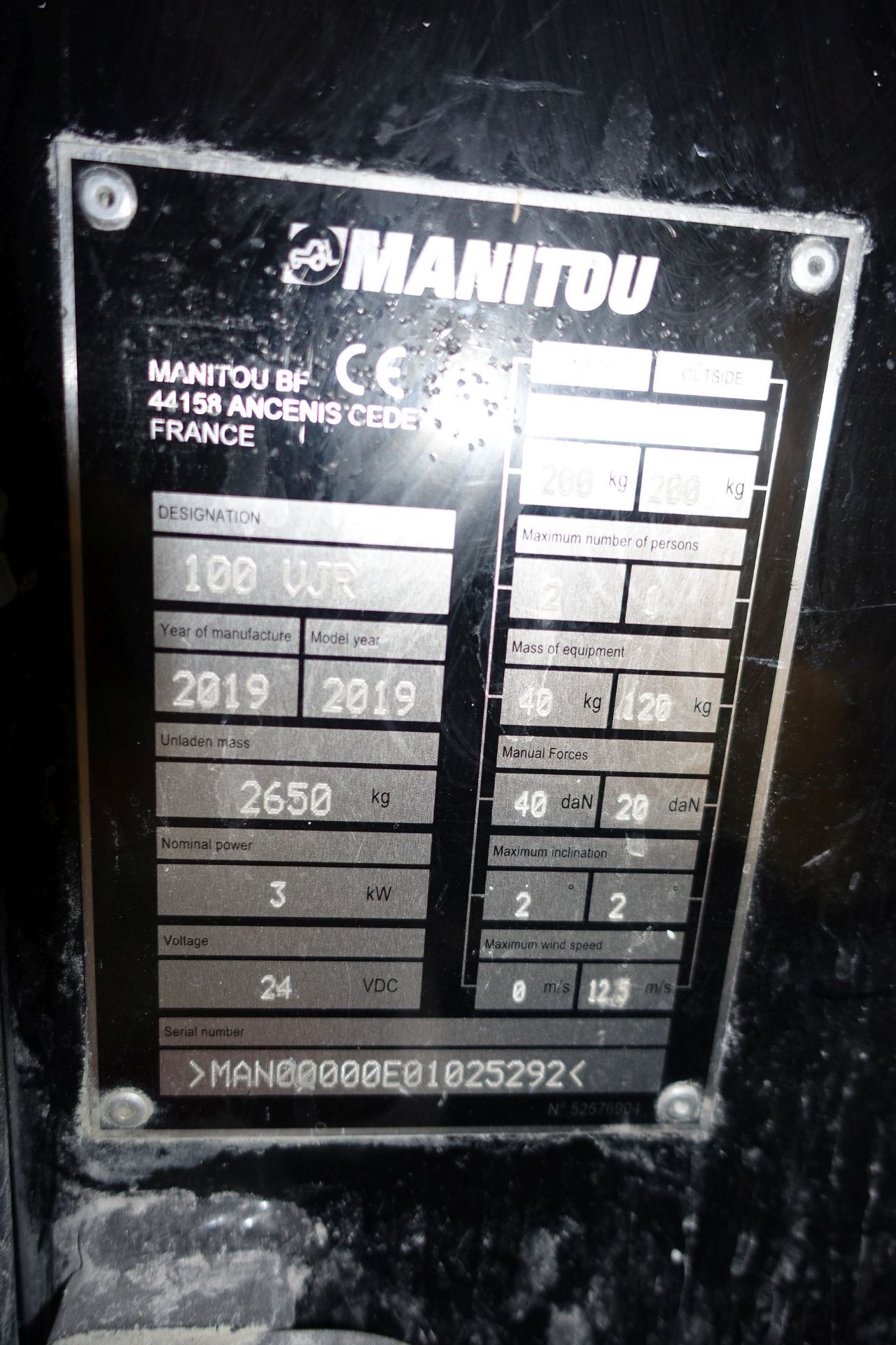 Manitou '100-VJR' Access Platform, 200kg Capacity, Ser # MAN000E1025292, Asset No 3000072 (2019) - Image 12 of 33