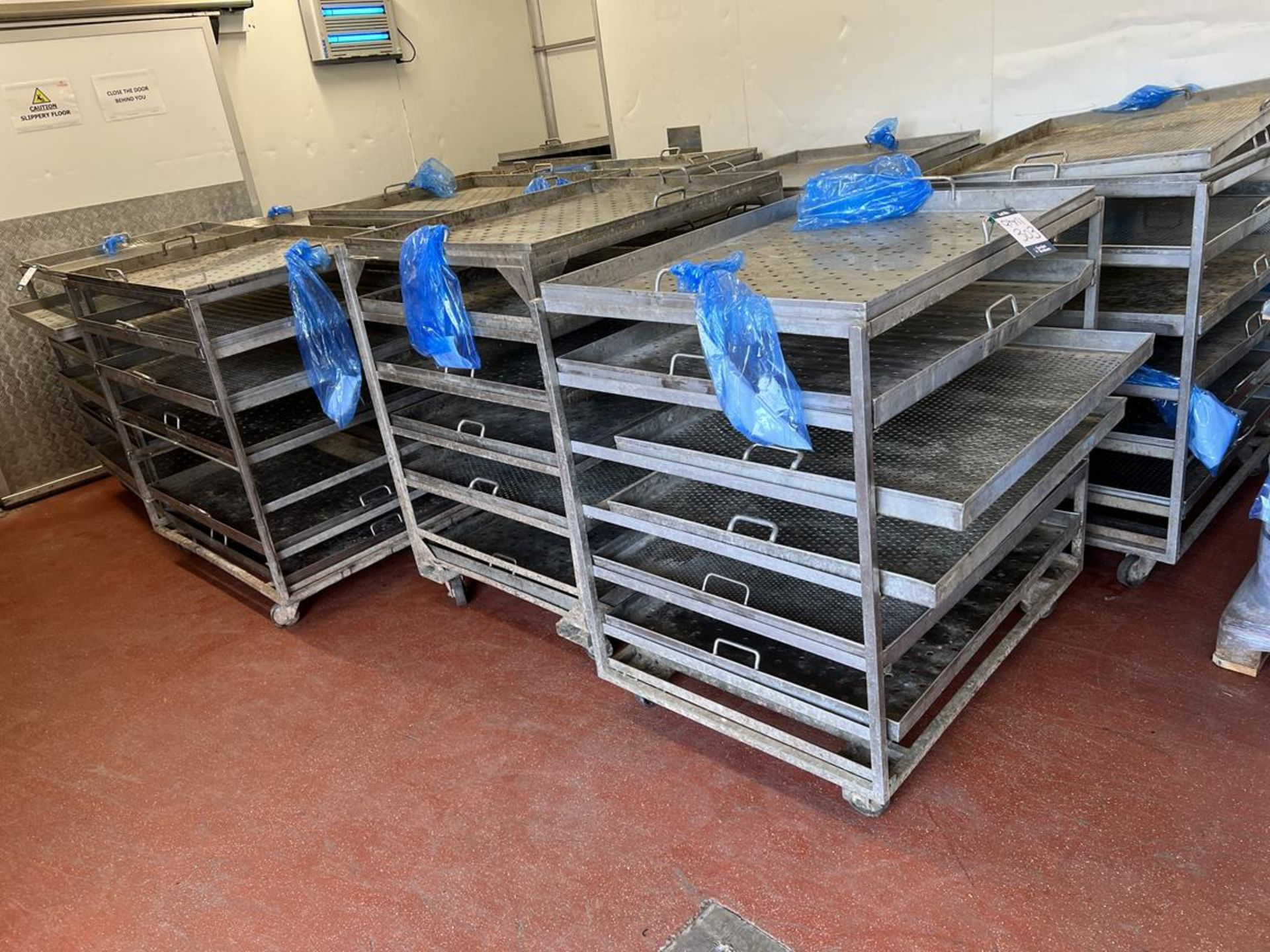 11x (no.) Six-tier stainless steel product racks on wheels, size of removable trays 1030mm (L) x