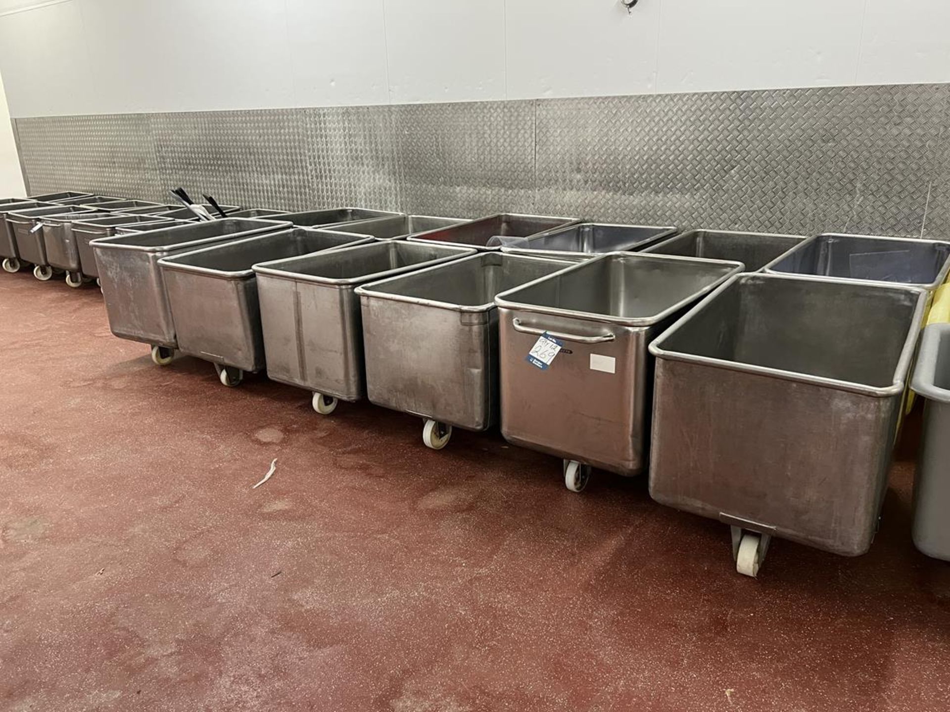 12x (no.) Mobile stainless steel 400L tote bins, approx. size 1200mm x 700mm x 650mm