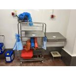 Stainless steel mobile incline box trolley with 2x various wall chemical storage units, stainless