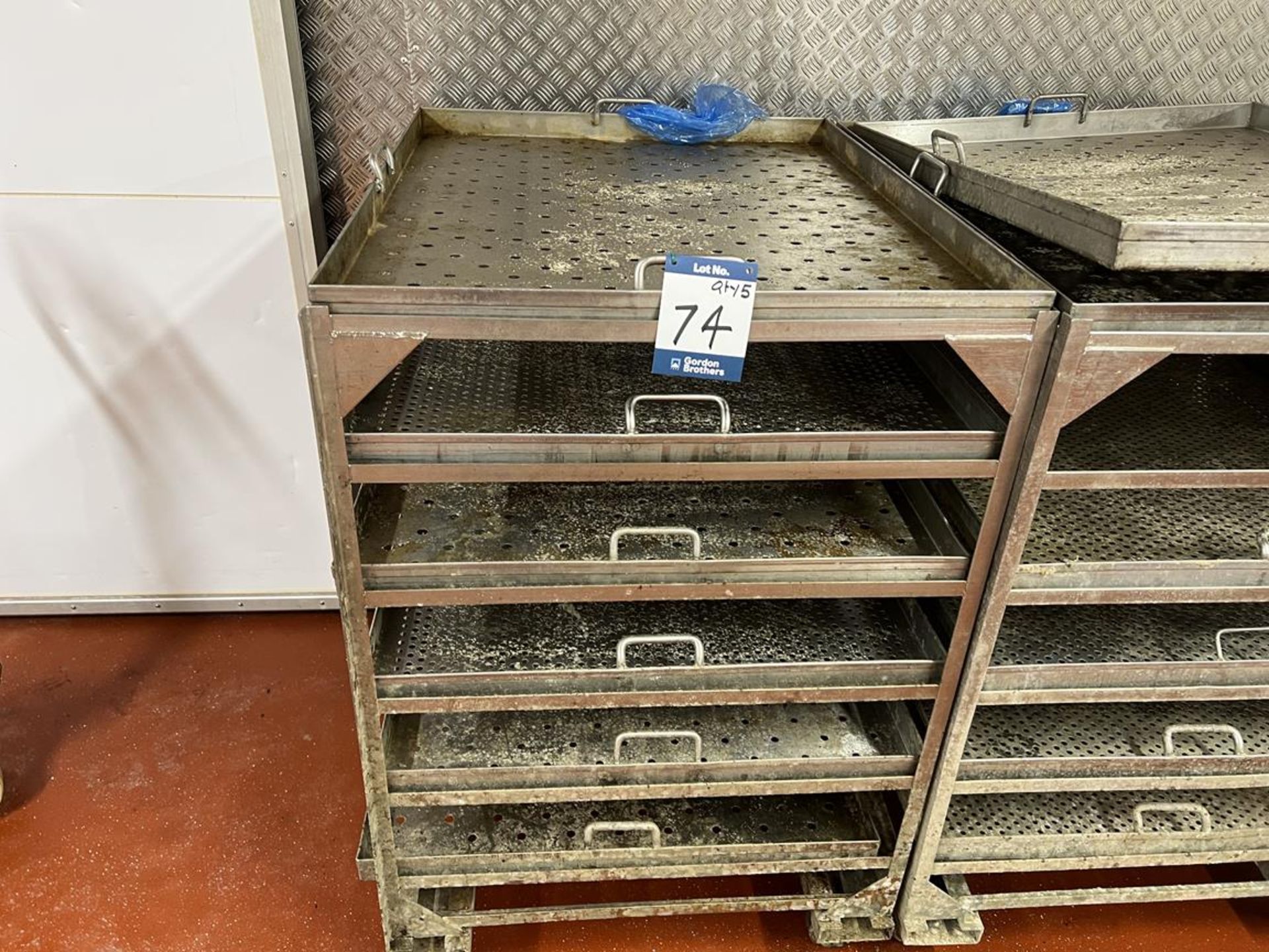 5x (no.) six/seven tier stainless steel product racks on wheels, size of removable trays 1030mm ( - Image 2 of 4