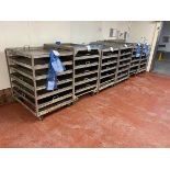 6x (no.) six/seven tier stainless steel product racks on wheels, size of removable trays 1030mm (