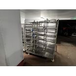 3x (no.) Mobile seven-tier aluminium product trolleys with stainless steel shelf inserts, each