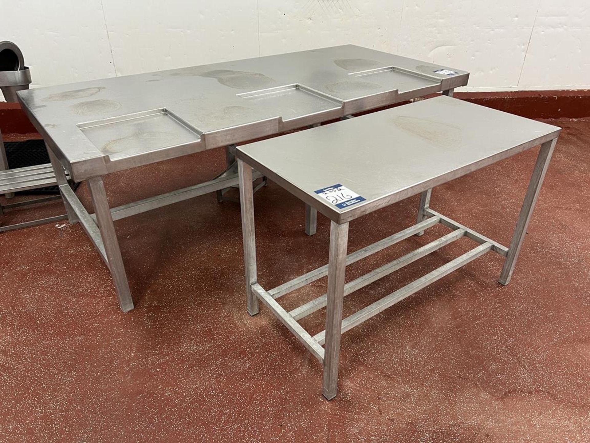 2x (no.) stainless steel preparation tables, 2360 x 1100 and 1200 x 600mm