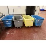 4x (no.) Mobile plastic tote bins, each approx. 1300mm x 700mm x 700mm