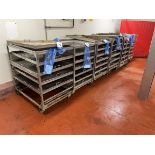 6x (no.) six/seven tier stainless steel product racks on wheels, size of removable trays 1030mm (