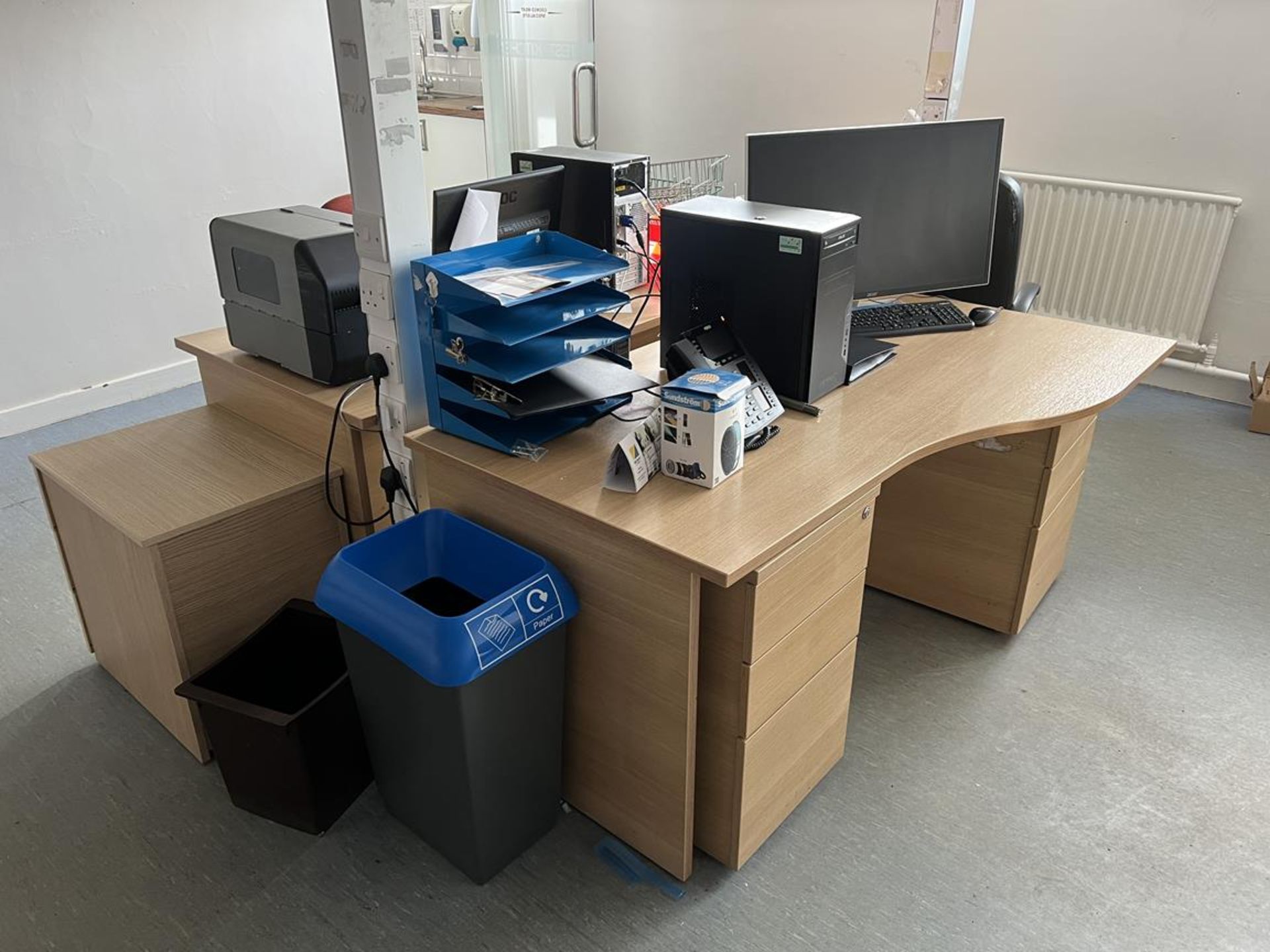 Furniture contents of the second test kitchen office to include laminate office desks and cupboards,