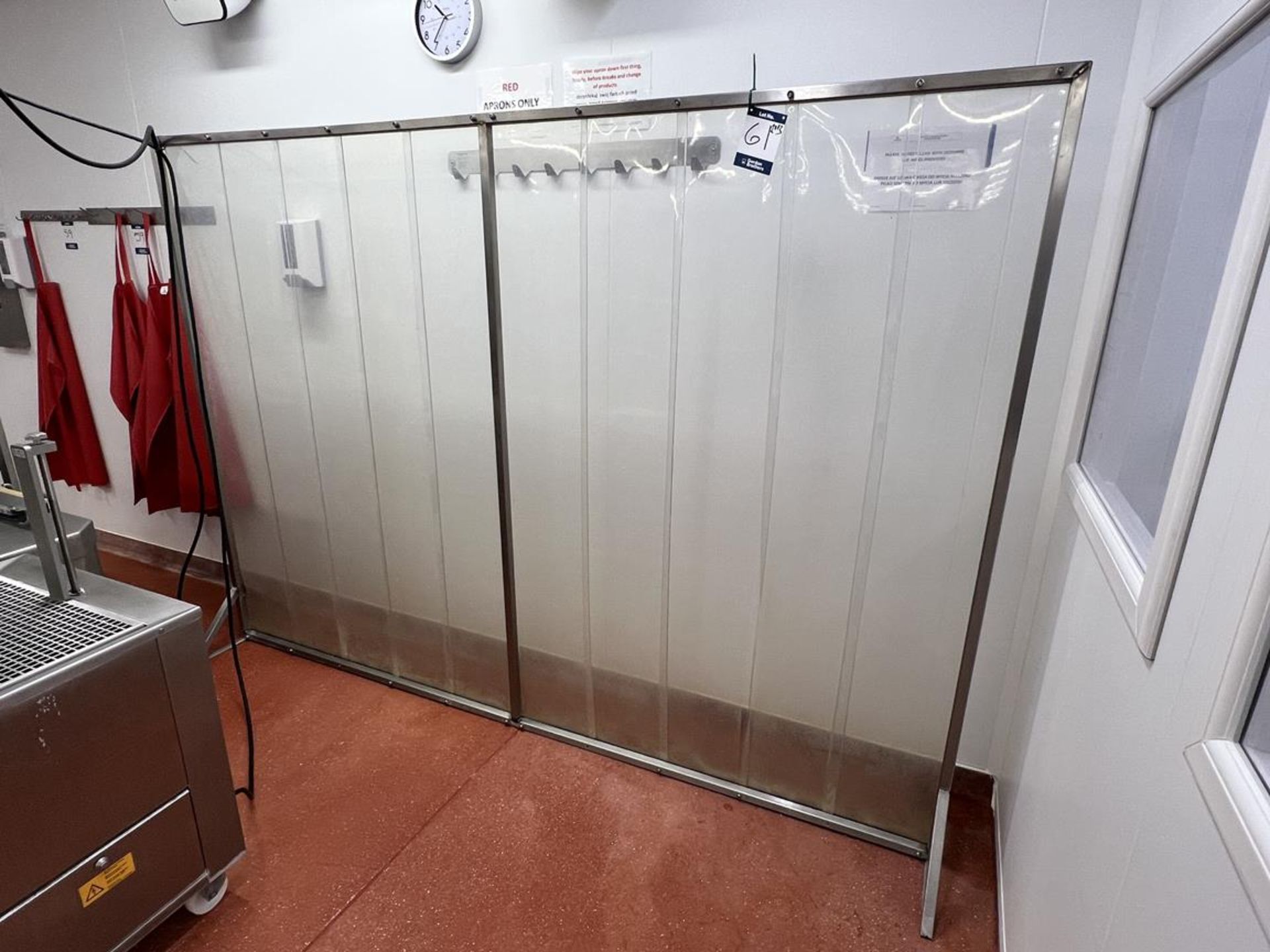 3x (no.) stainless steel freestanding plastic curtain screen, 2840mm (W) x 2000m (H)