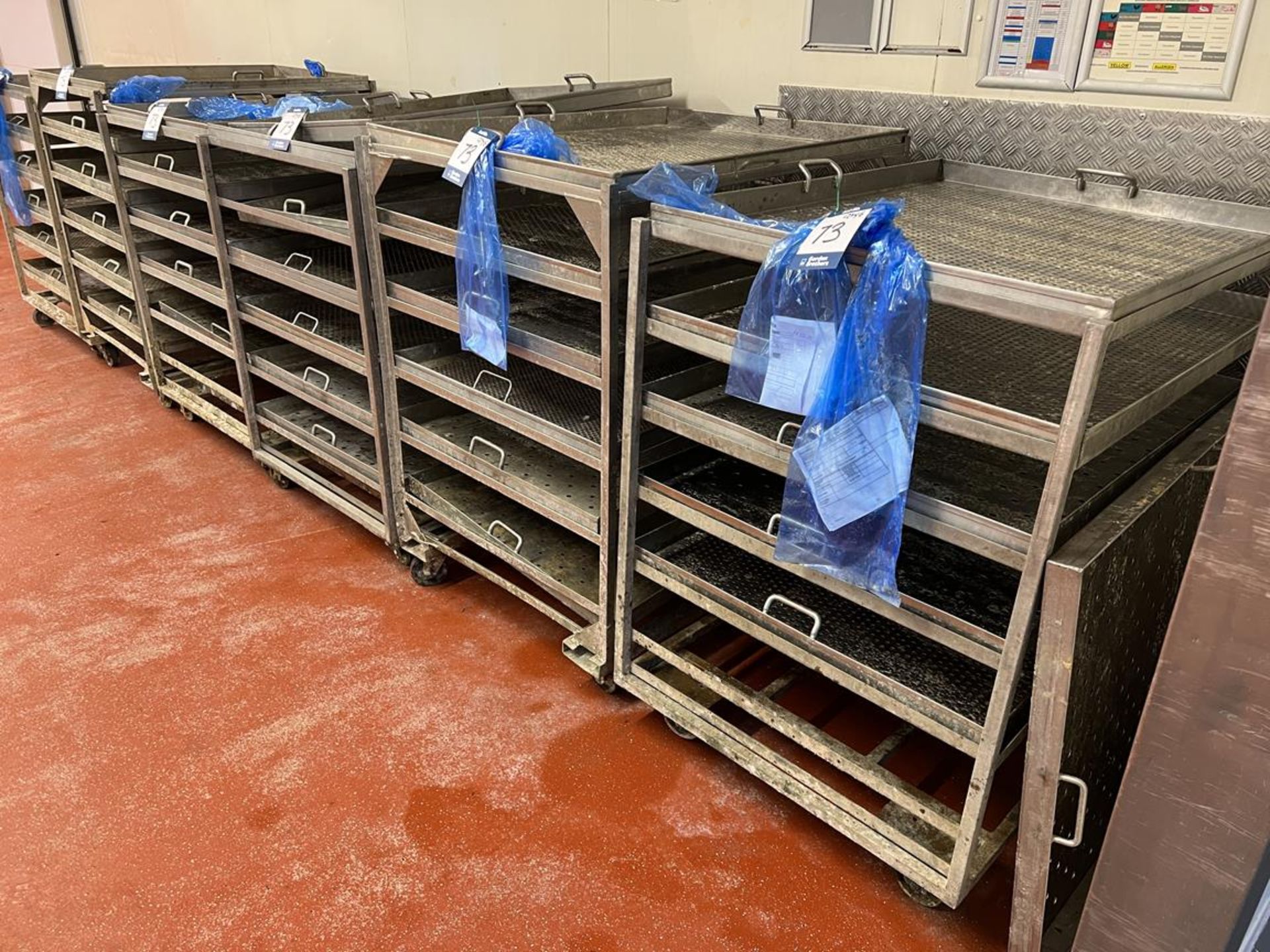 6x (no.) six/seven tier stainless steel product racks on wheels, size of removable trays 1030mm ( - Image 3 of 4