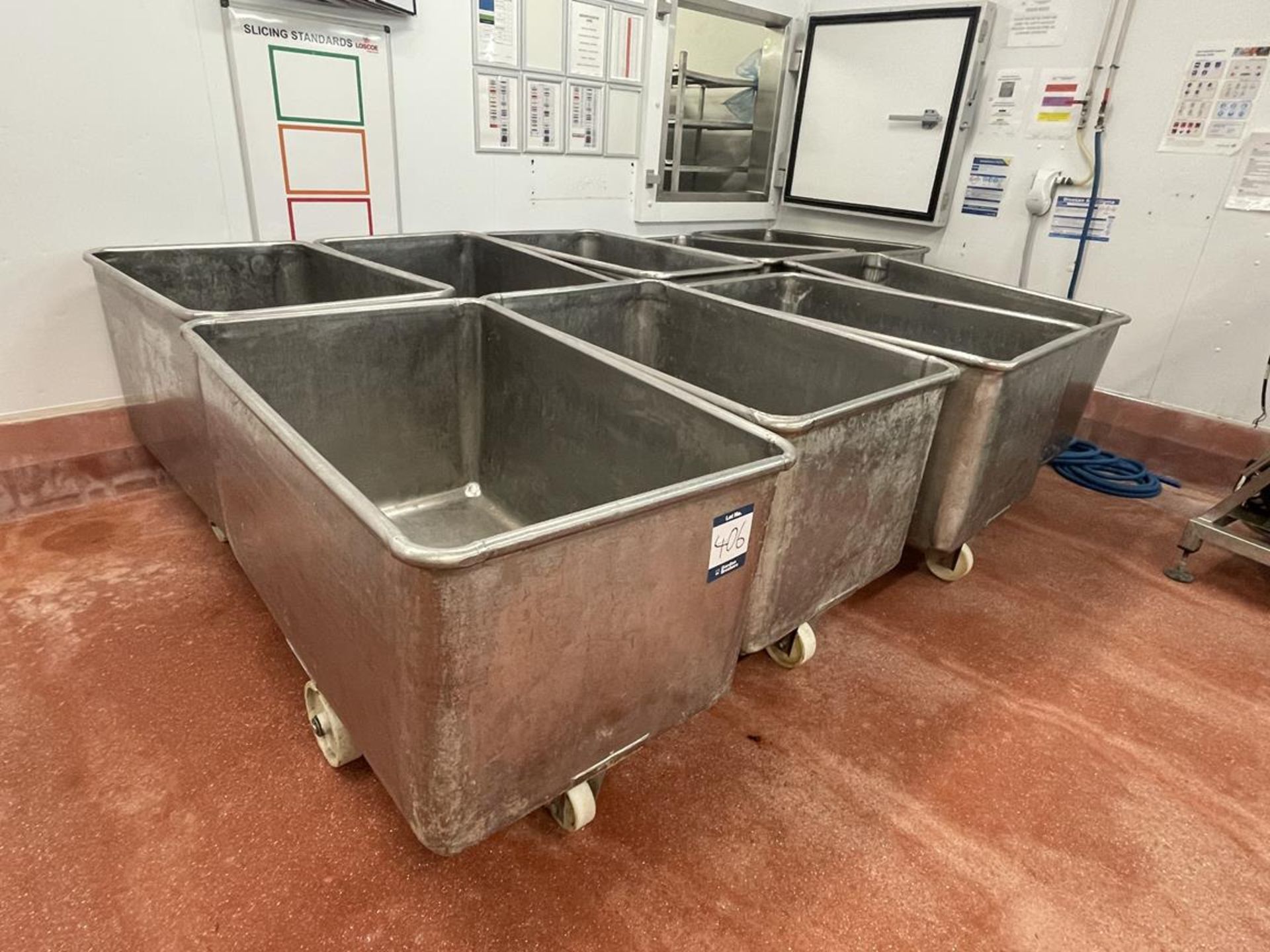 9x (no.) stainless steel 400L tote bins, 1100 x 700 x 600mm