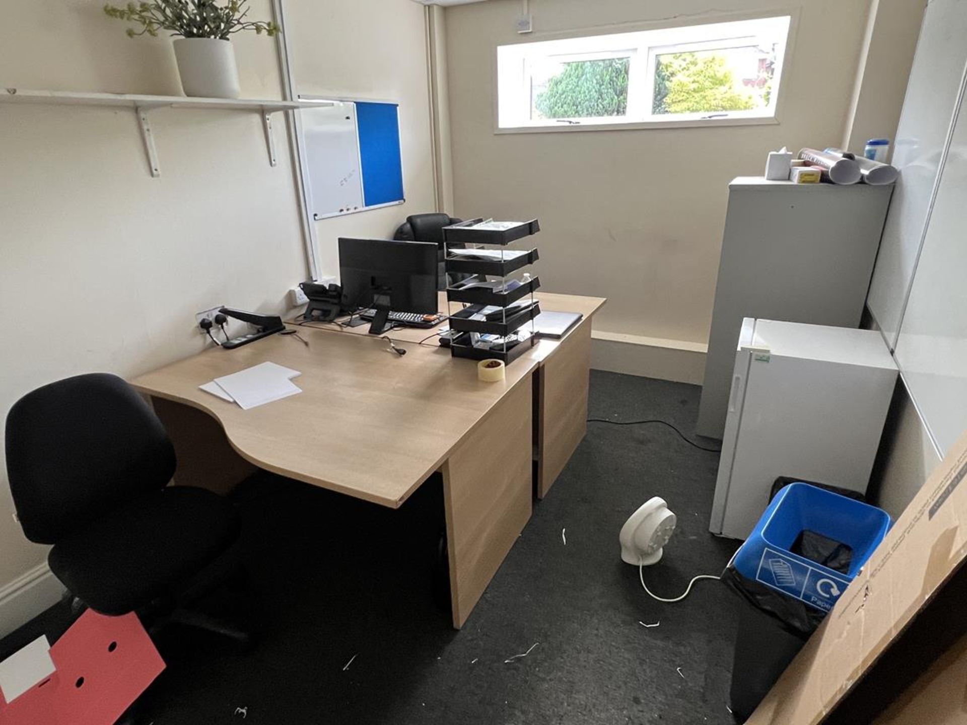 Furniture contents of the test kitchen office to include laminate office desks, steel filing cabinet