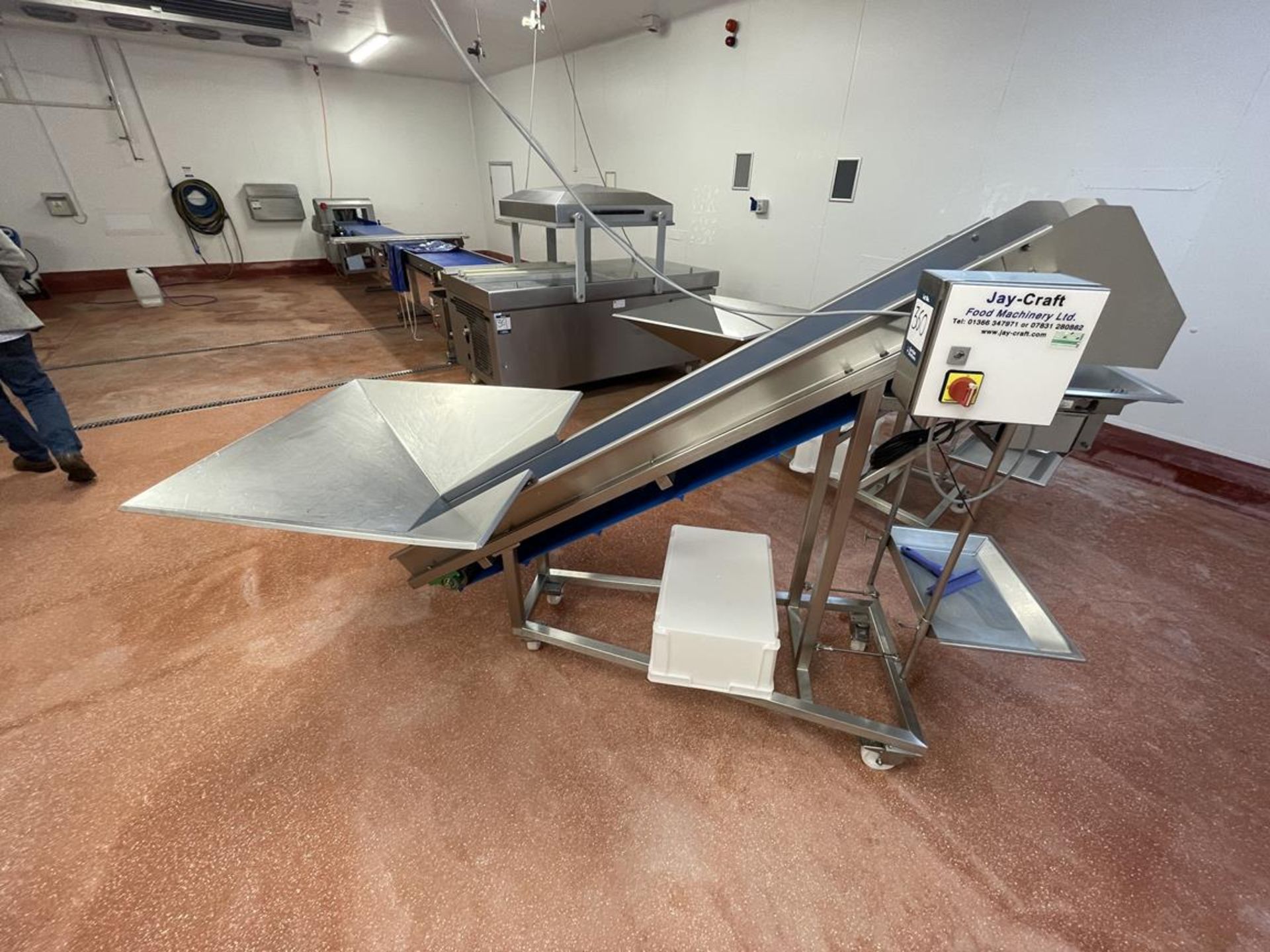 Jay Craft Food Machinery, slatter variable speed elevating conveyor with hopper