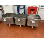 3x (no.) various 200 Litre stainless steel tote bins on wheels, 630mm (L) x 630mm (W) x 500mm (D)