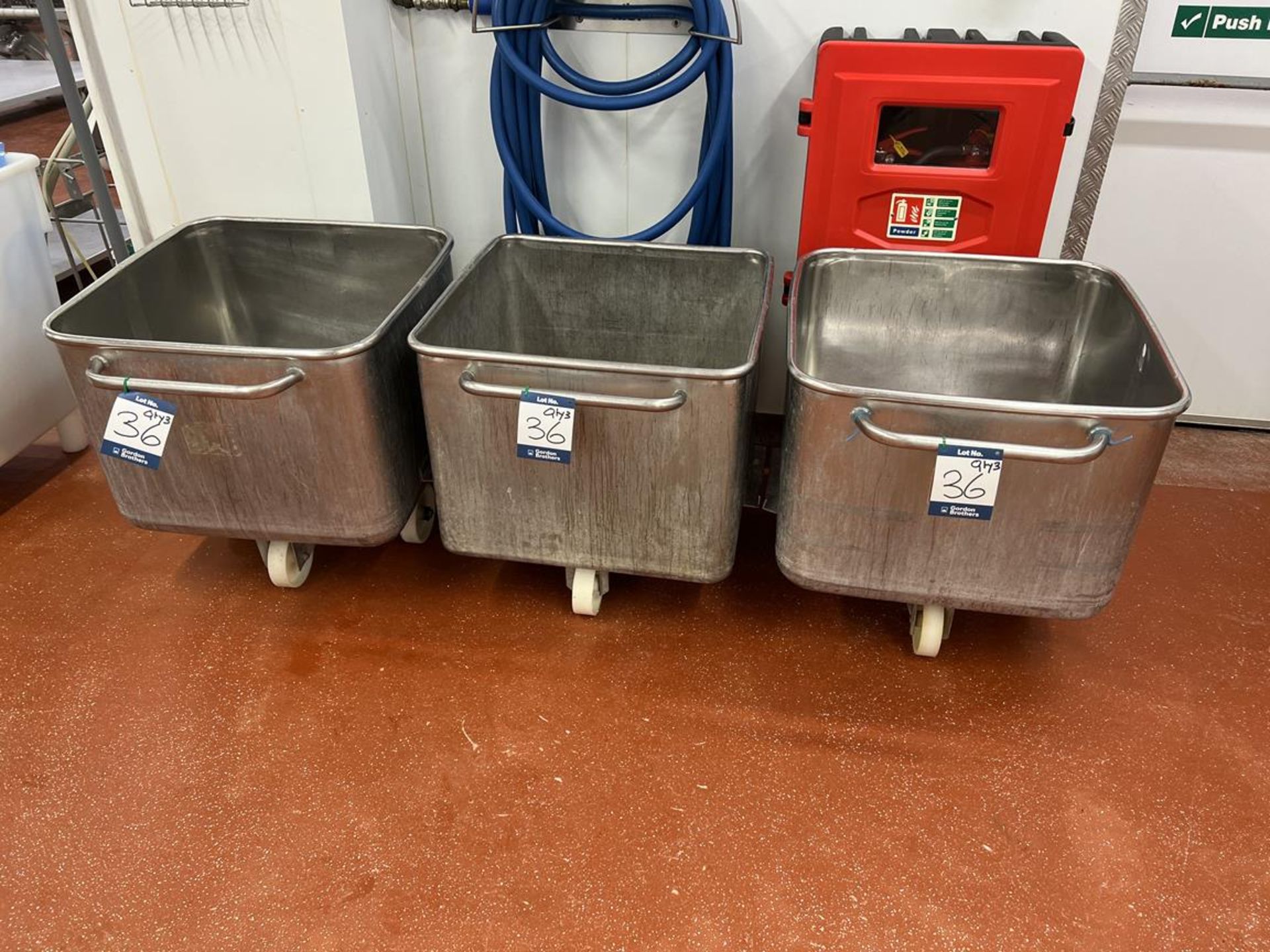 3x (no.) various 200 Litre stainless steel tote bins on wheels, 630mm (L) x 630mm (W) x 500mm (D)
